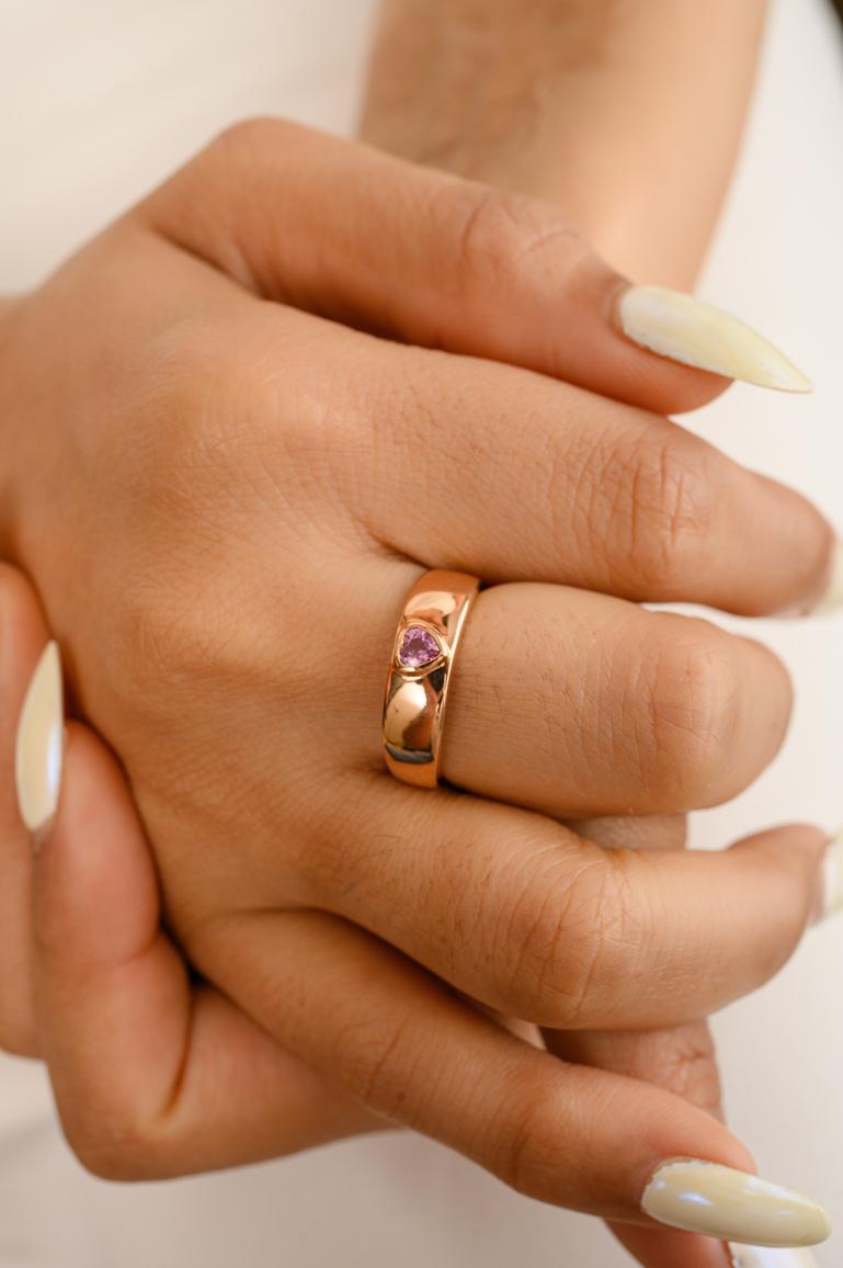 For Sale:  18k Solid Rose Gold Signet Ring Dainty Heart Cut Pink Sapphire Pinky Ring  2