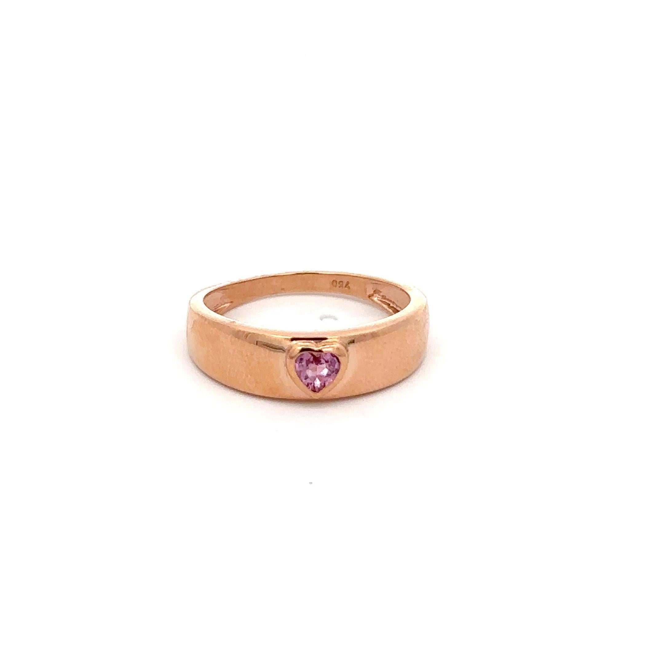 For Sale:  18k Solid Rose Gold Signet Ring Dainty Heart Cut Pink Sapphire Pinky Ring  4