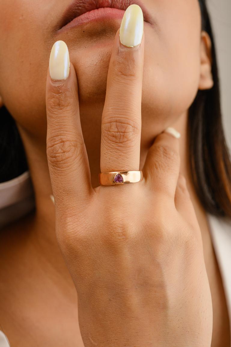 For Sale:  18k Solid Rose Gold Signet Ring Dainty Heart Cut Pink Sapphire Pinky Ring  5