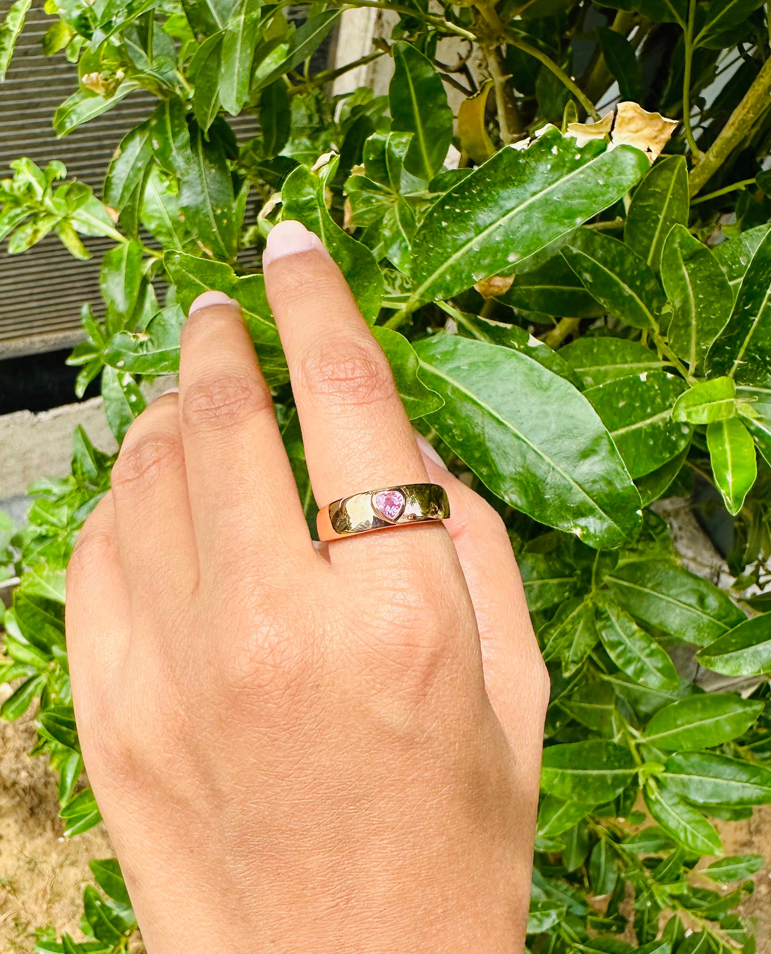 For Sale:  18k Solid Rose Gold Signet Ring Dainty Heart Cut Pink Sapphire Pinky Ring  10