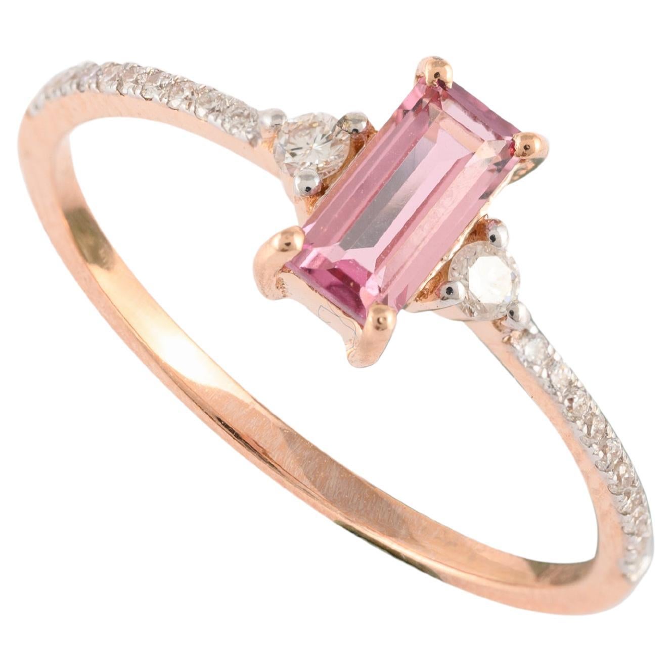 18k Solid Rose Gold Pink Tourmaline Ring with Diamond for Women
