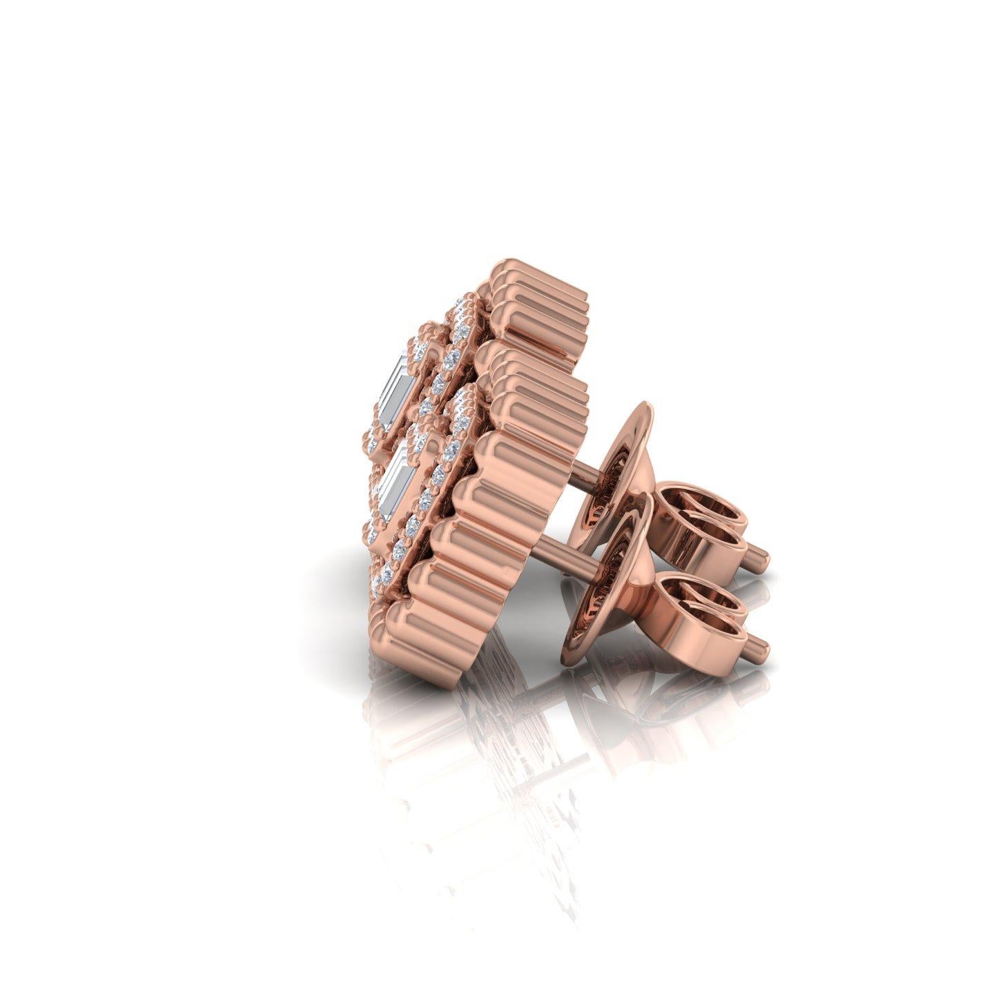Art Deco 18k Solid Rose Gold SI Clarity HI Color Diamond Halo Rectangular Stud Earrings For Sale