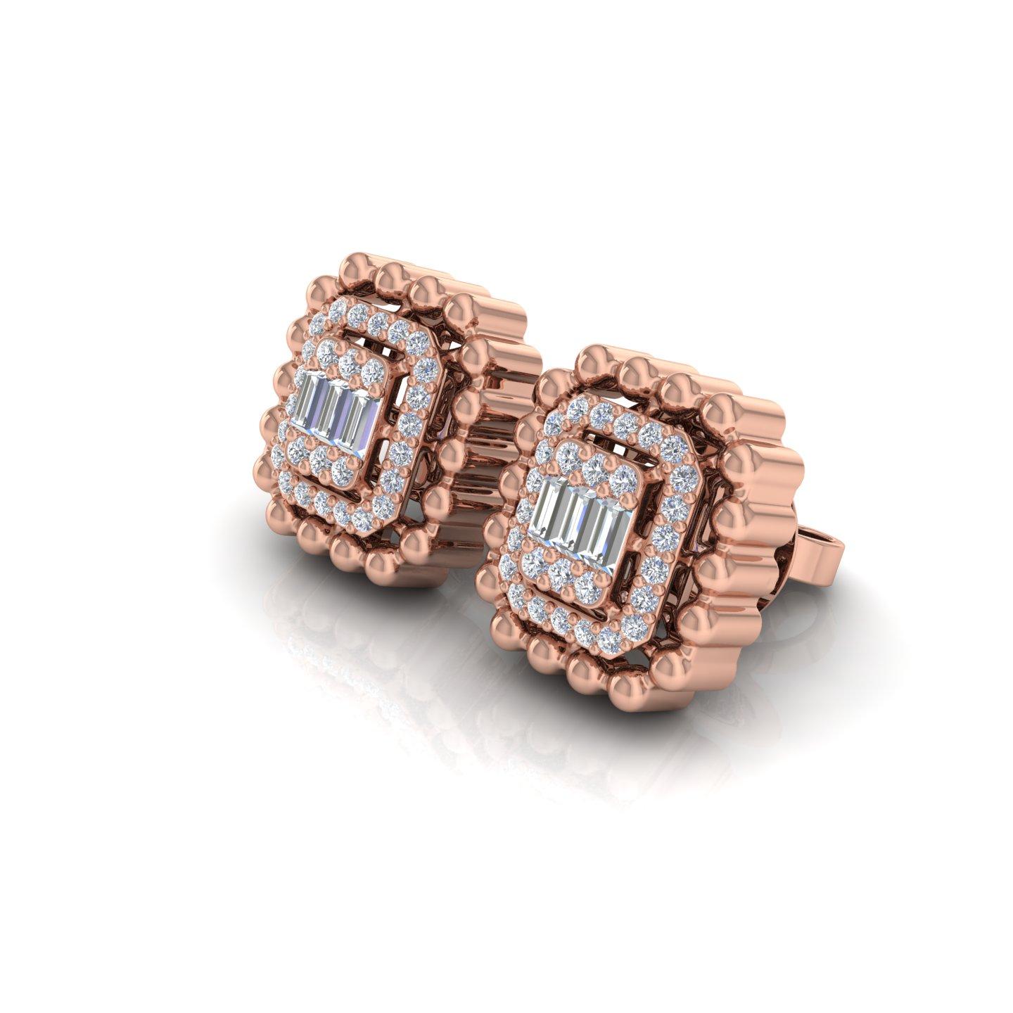 Mixed Cut 18k Solid Rose Gold SI Clarity HI Color Diamond Halo Rectangular Stud Earrings For Sale
