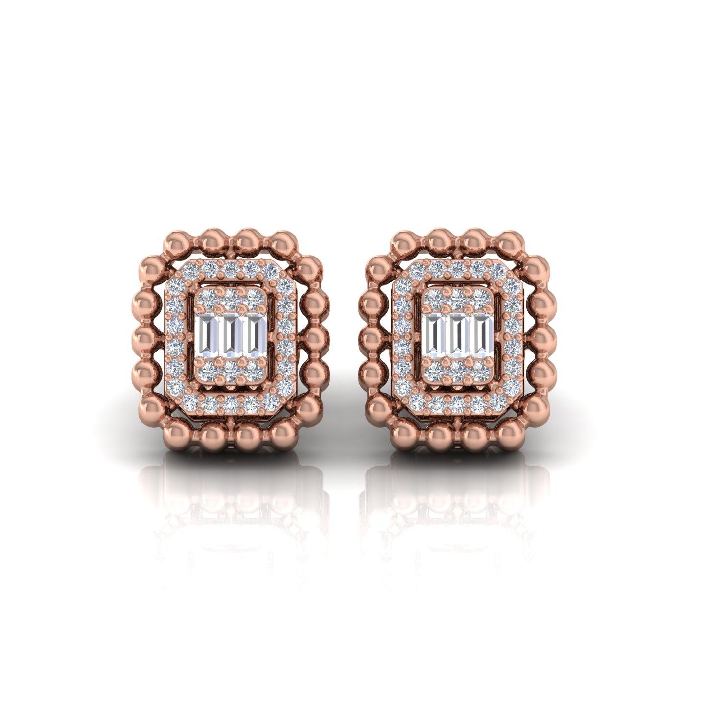 18k Solid Rose Gold SI Clarity HI Color Diamond Halo Rectangular Stud Earrings In New Condition For Sale In Diera, Dubai