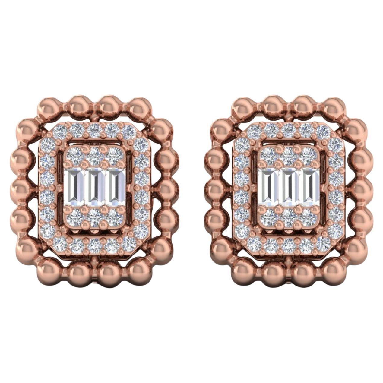 18k Solid Rose Gold SI Clarity HI Color Diamond Halo Rectangular Stud Earrings For Sale
