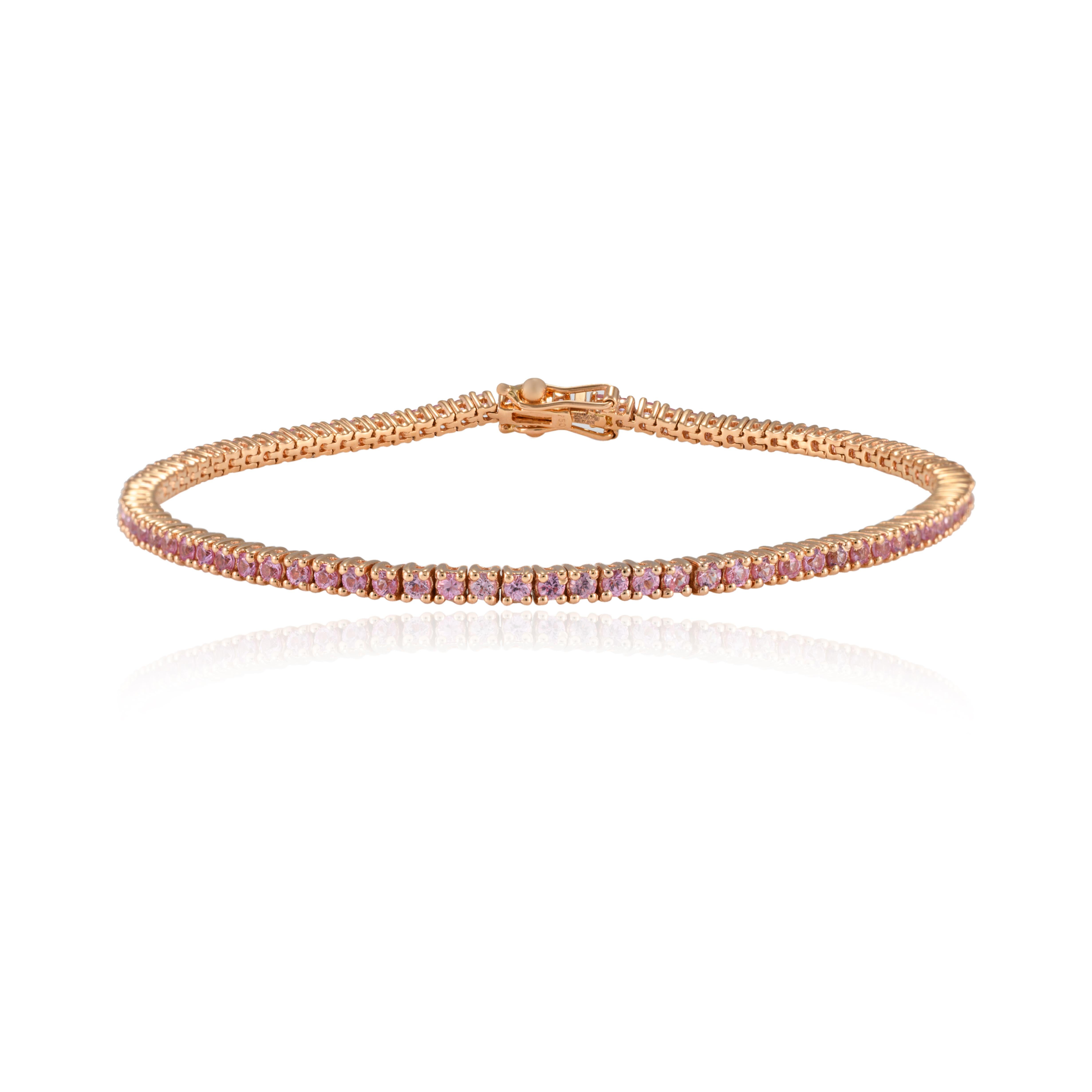 Modern 18k Solid Rose Gold Thin In-Line Natural Pink Sapphire Tennis Bracelet For Sale