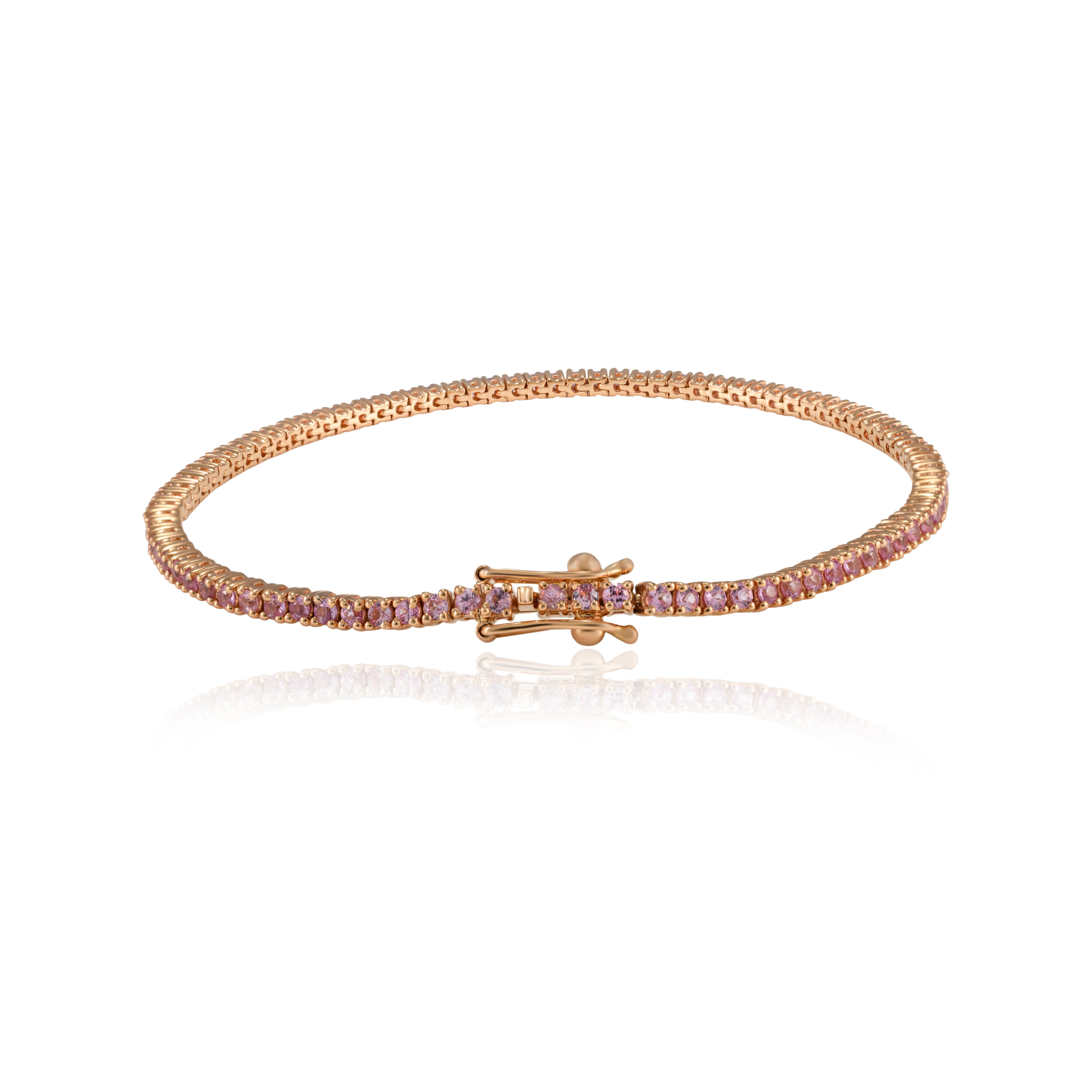 Round Cut 18k Solid Rose Gold Thin In-Line Natural Pink Sapphire Tennis Bracelet For Sale
