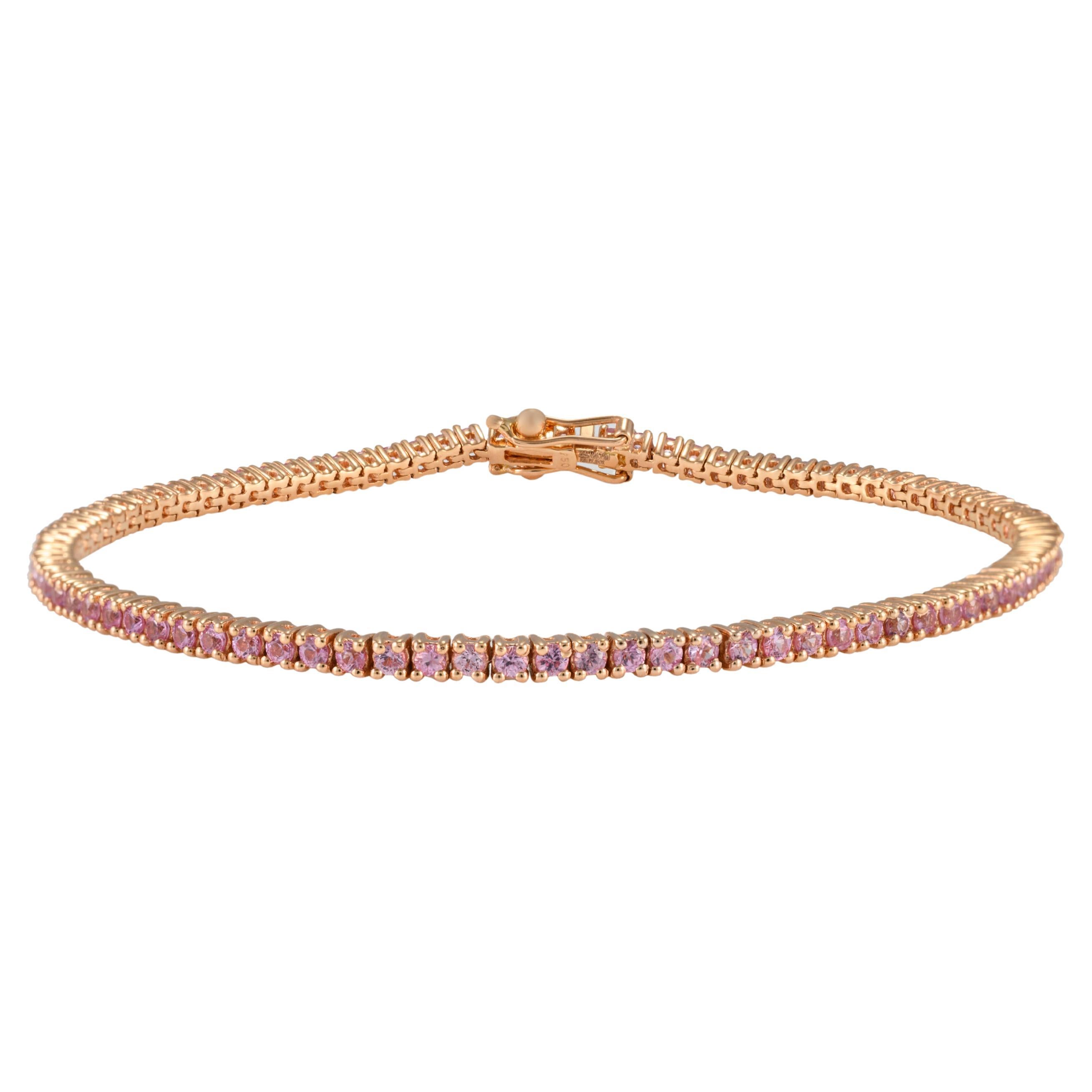 18k Solid Rose Gold Thin In-Line Natural Pink Sapphire Tennis Bracelet For Sale
