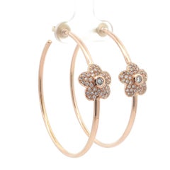 18k Solid Rosy Yellow Gold Diamond Covered Front Flower Large Hoop Earrings