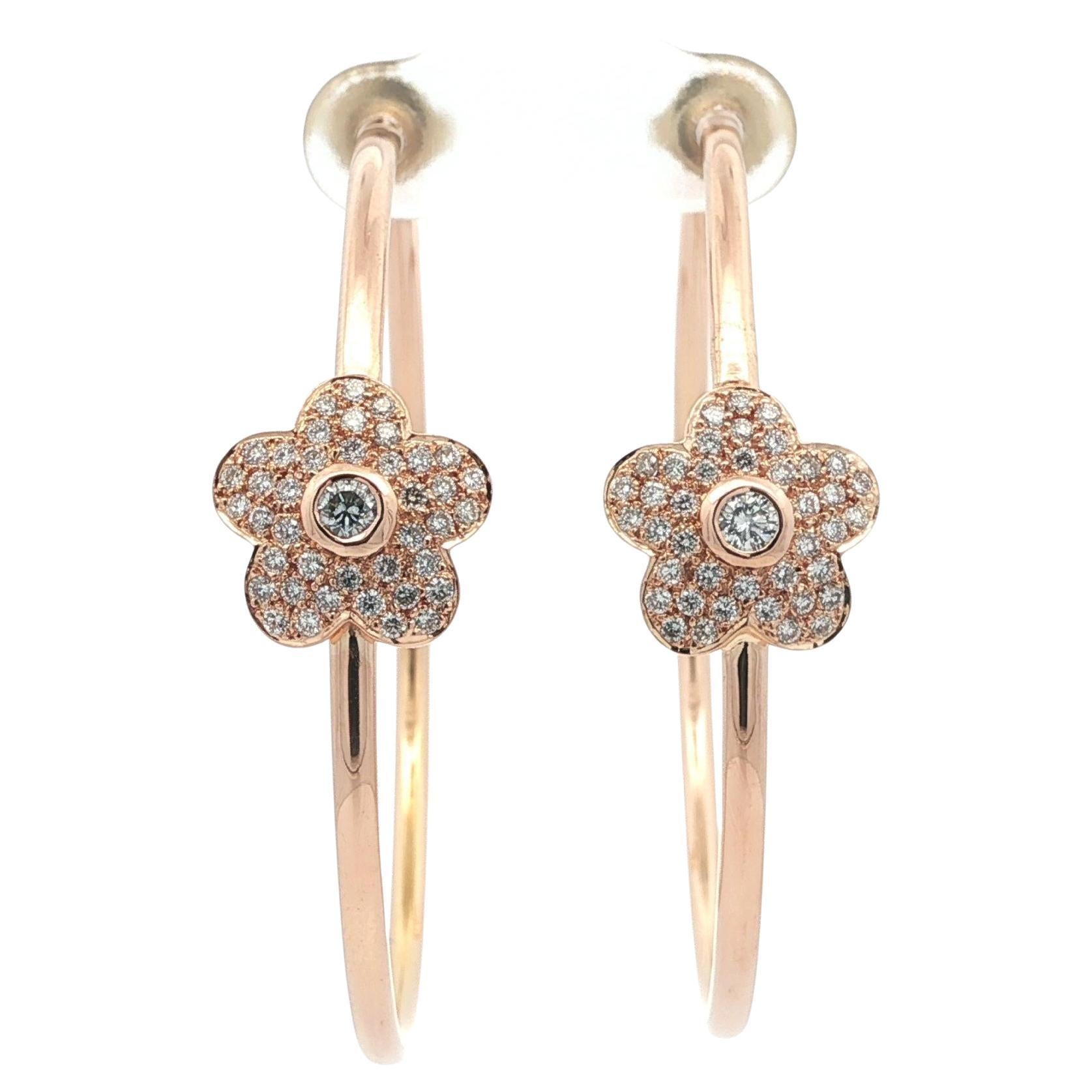 18k Solid Rosy Gelbgold Diamant bedeckt Front Blume große Hoop-Ohrringe im Angebot