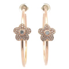 18k Solid Rosy Yellow Gold Diamond Covered Front Flower Large Hoop Earrings