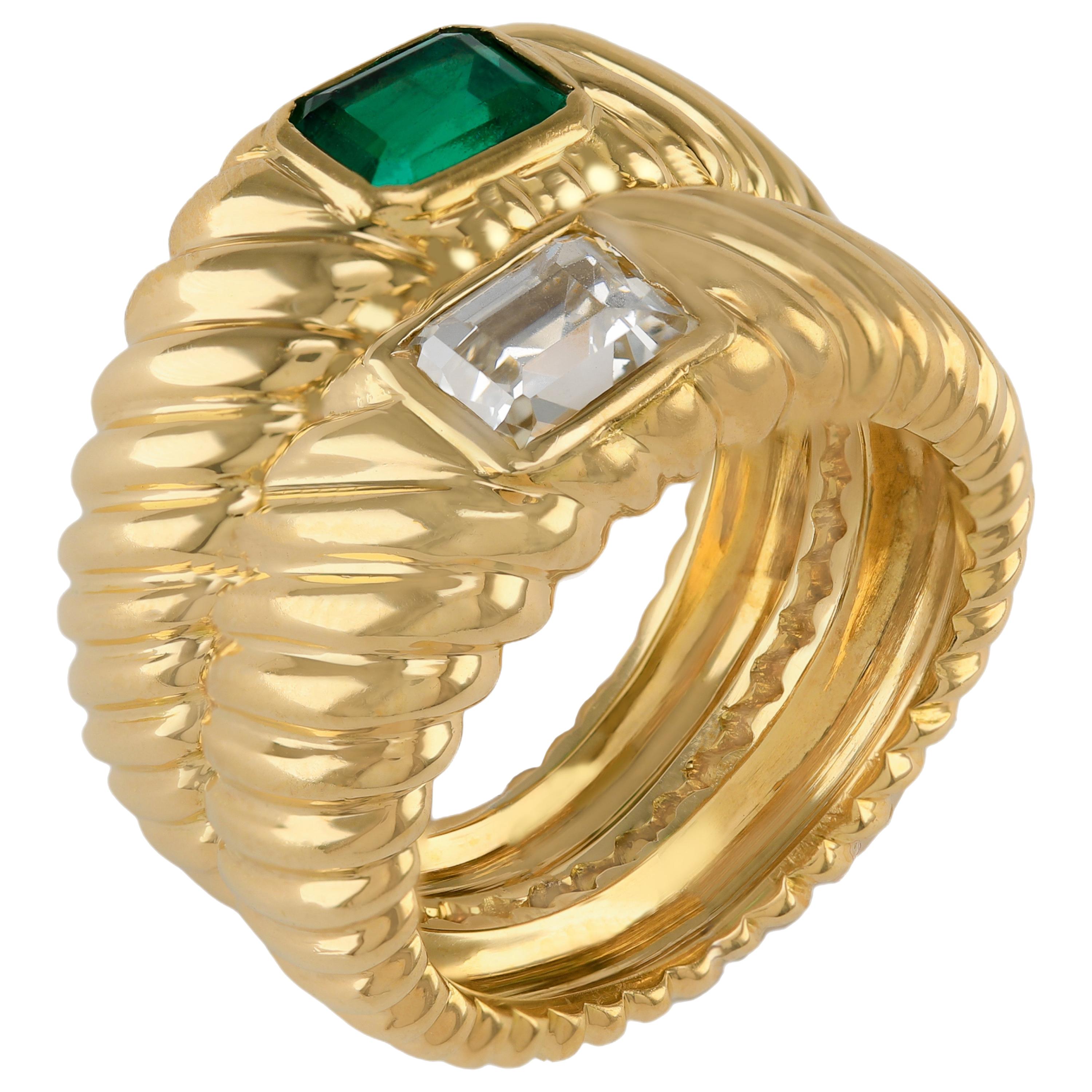 18k Solid “Toi et Moi” Emerald Cut 1.00ct Diamond Columbian Emerald Twin Ring For Sale