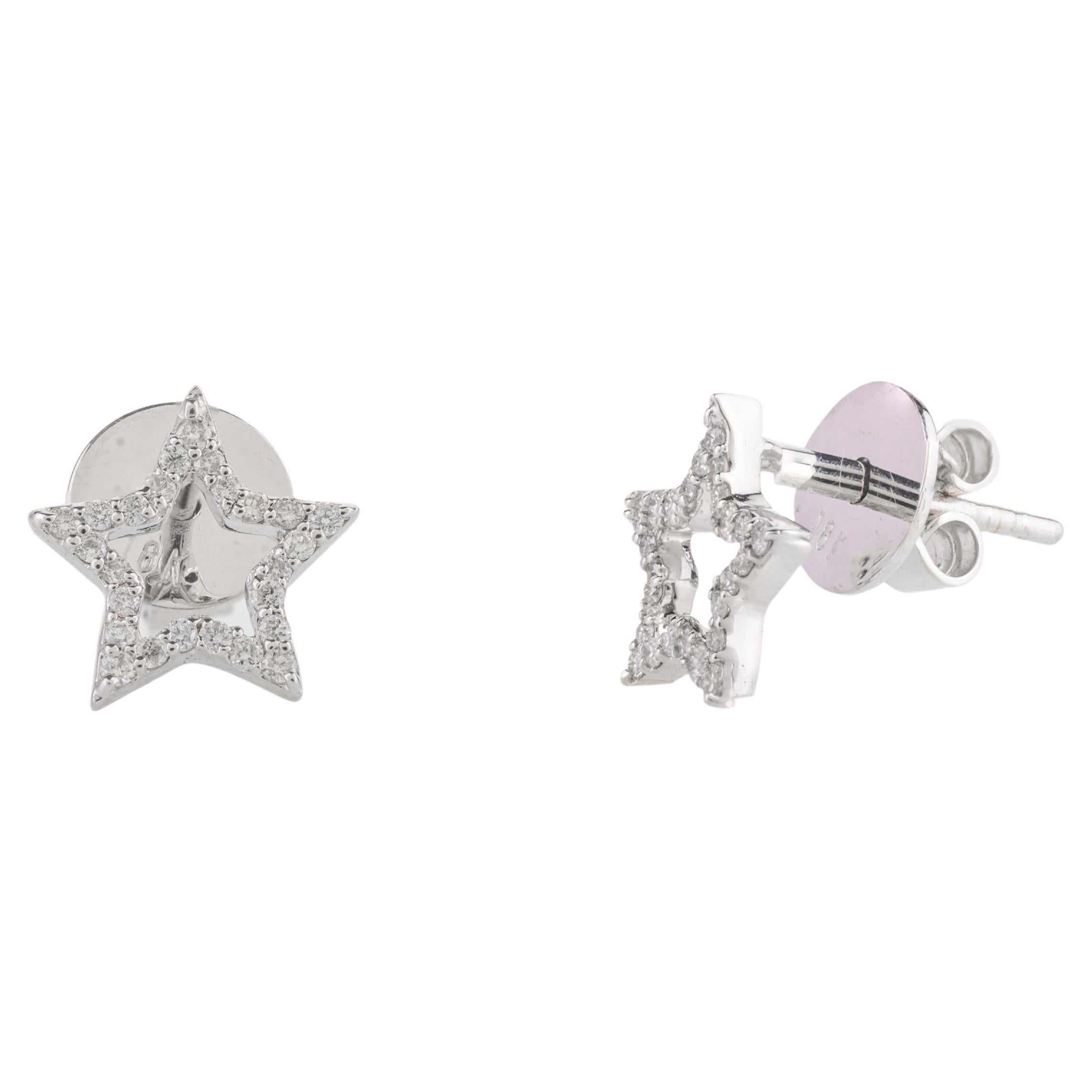 18k Solid White Gold 0.16 Carat Natural Diamond Star Stud Earrings