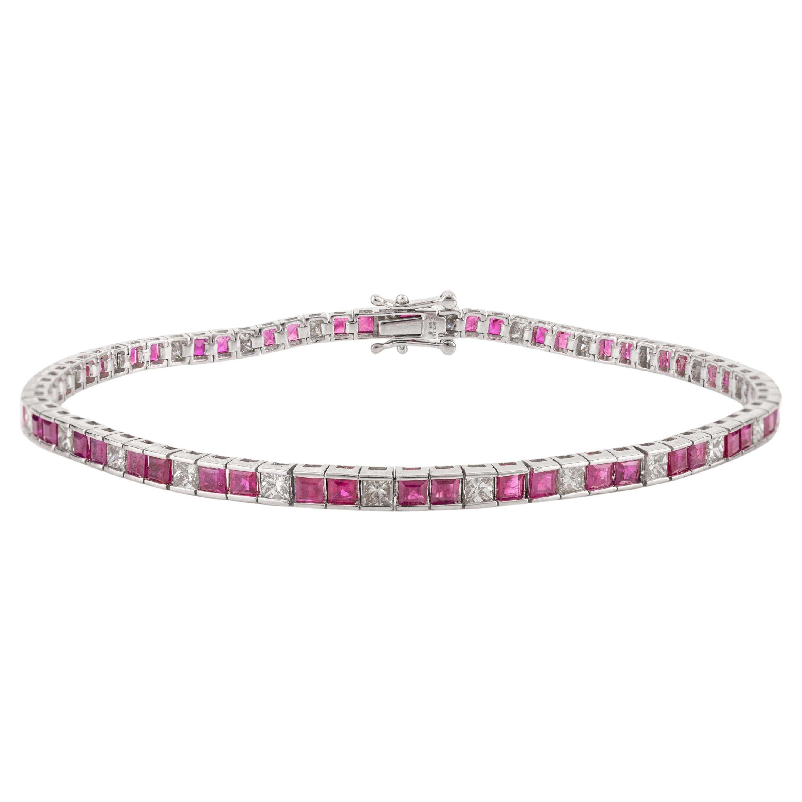 Bracciale tennis in oro bianco massiccio 18k con diamanti e rubini quadrati alternati da 3,36 CTW