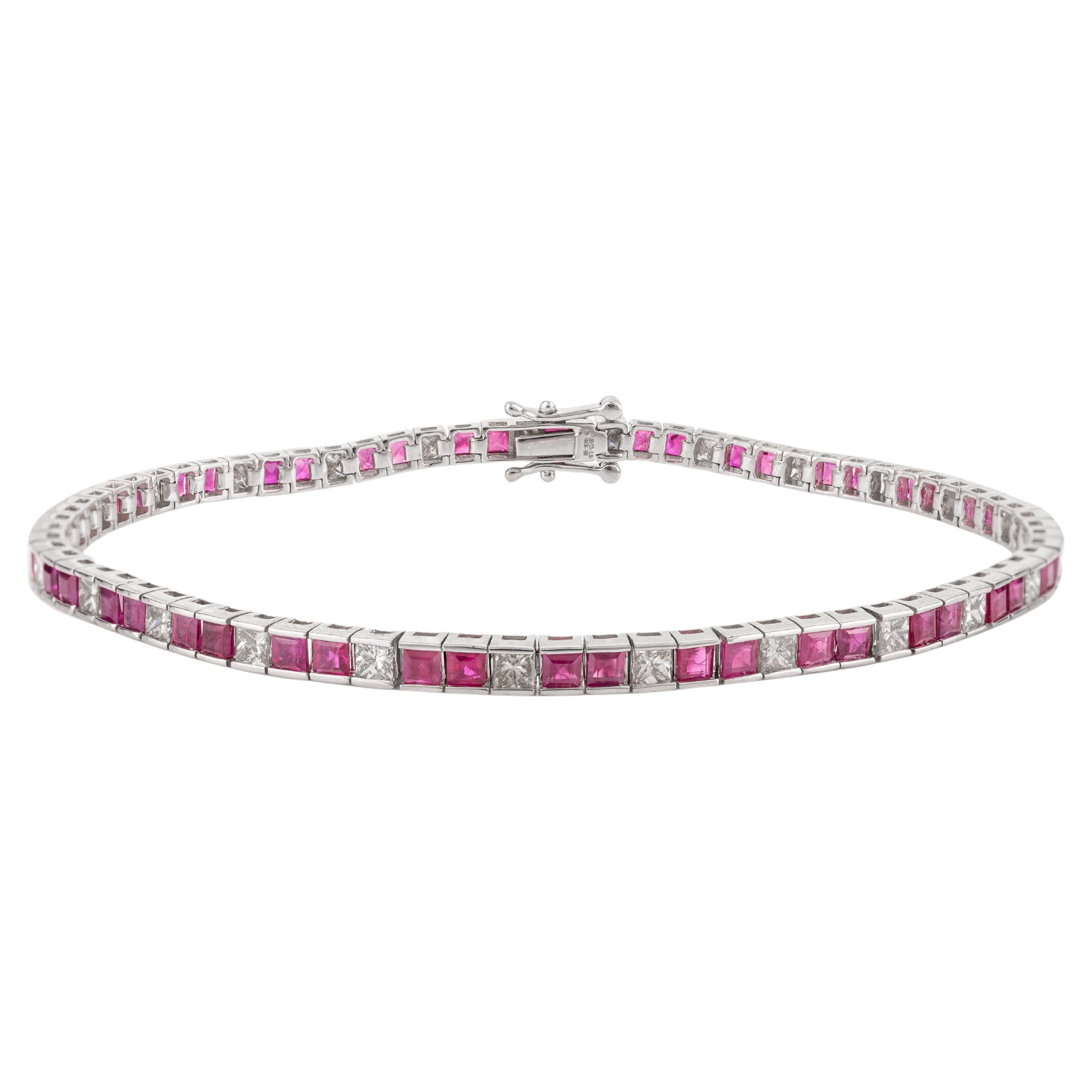 18k Solid White Gold 3.36 CTW Alternate Square Ruby Diamond Tennis Bracelet