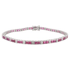 Bracciale tennis in oro bianco massiccio 18k con diamanti e rubini quadrati alternati da 3,36 CTW