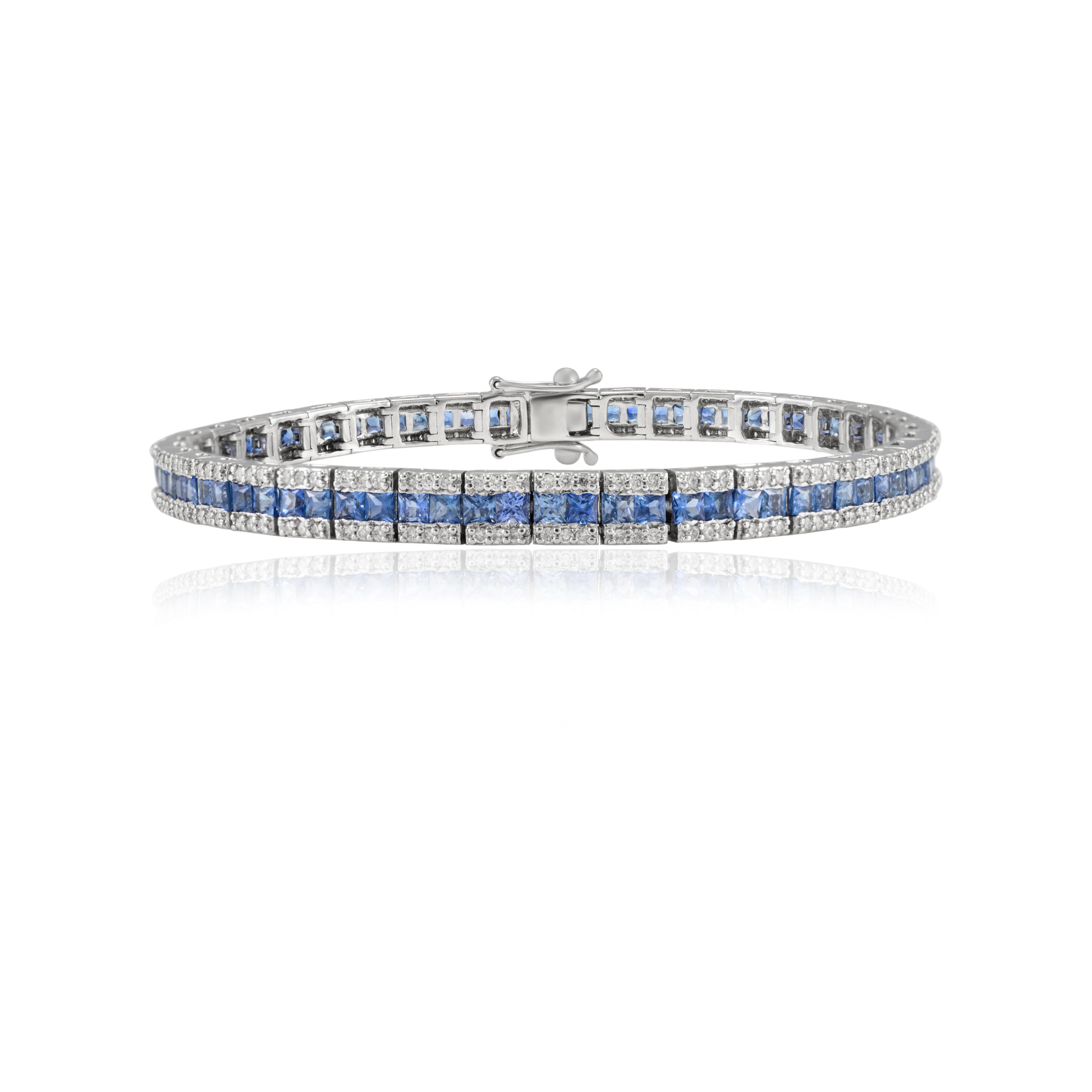Square Cut 18k Solid White Gold French Cut Blue Sapphire Diamond Tennis Bracelet For Sale