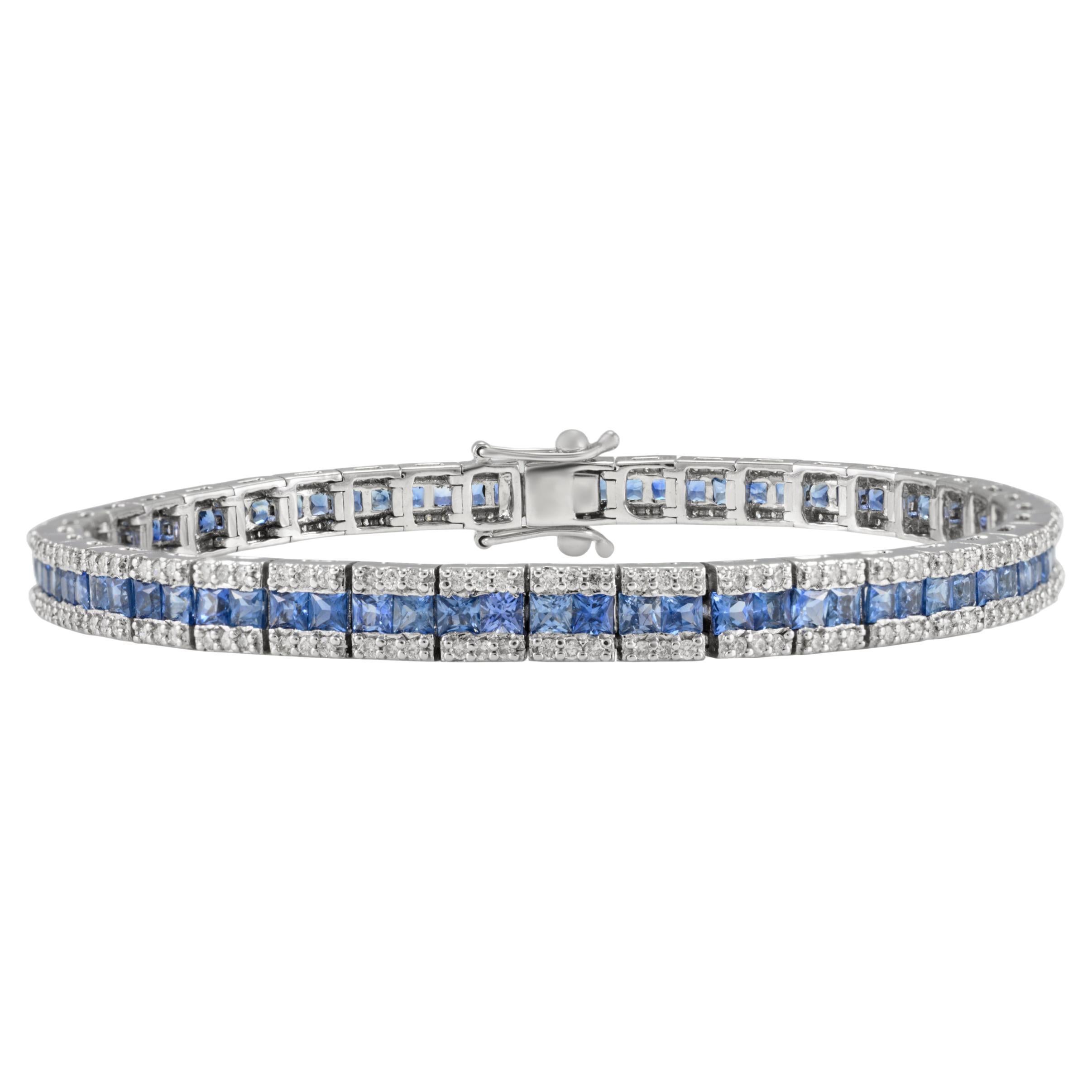 Bracelet tennis en or blanc massif 18 carats avec saphir bleu taille française et diamants