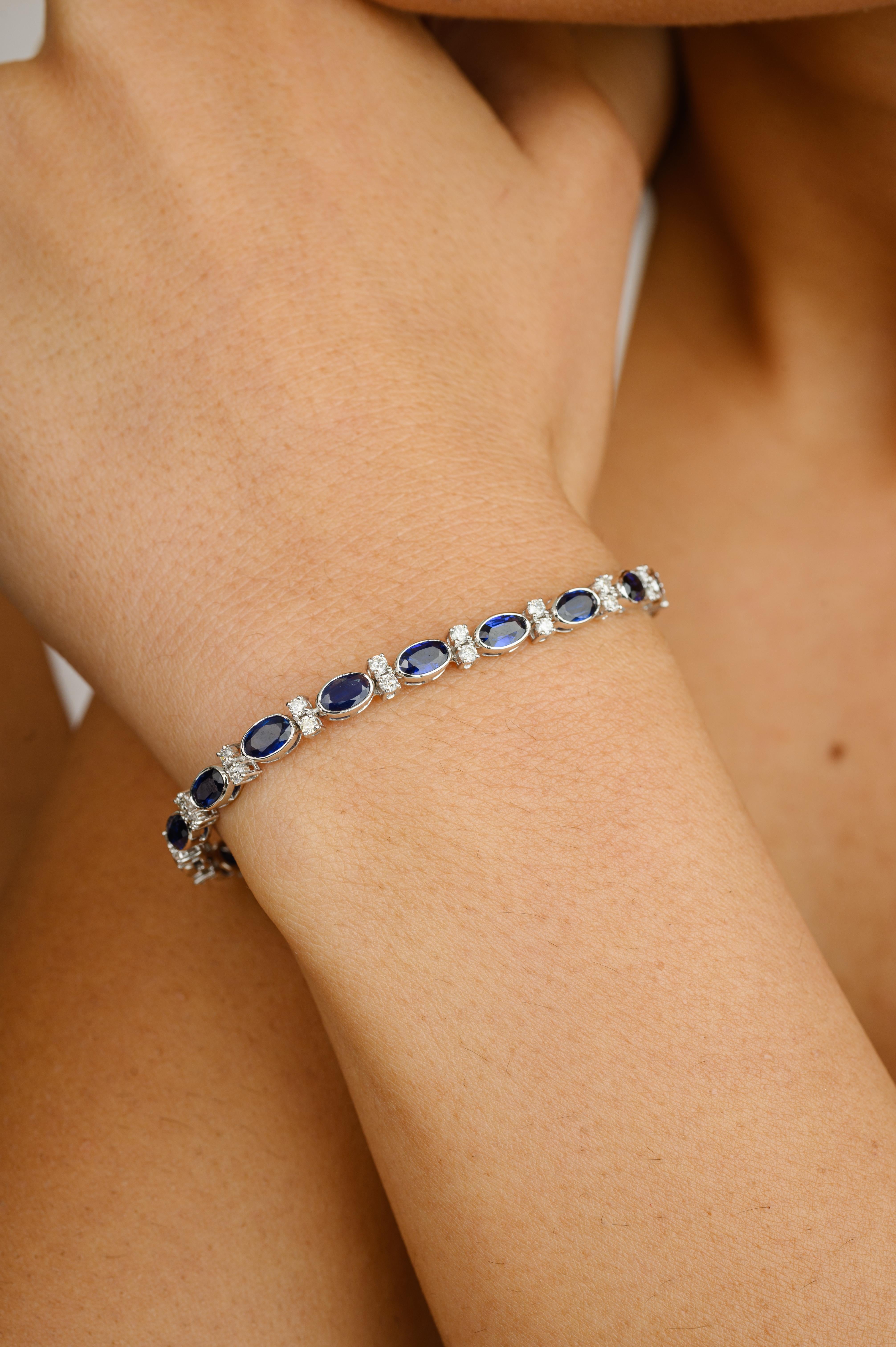 This 6.82 Carat Natural Blue Sapphire and Diamond Bracelet  in 18K gold showcases endlessly sparkling natural blue sapphire of 6.82 carats and 0.97 carats diamonds. It measures 7.25 inches long in length. 
Sapphire stimulates concentration and