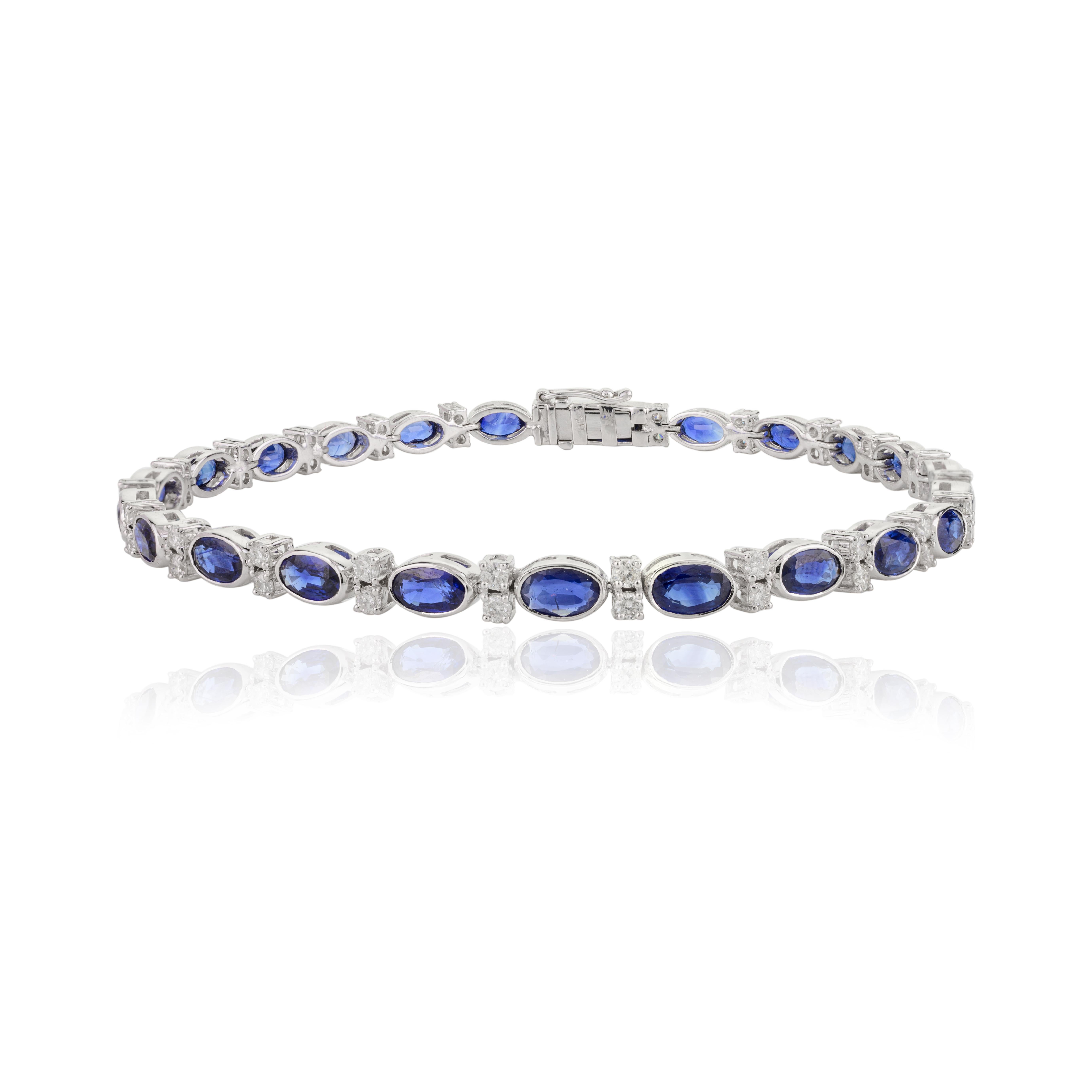 Women's 18k Solid White Gold 6.82 Carat Natural Blue Sapphire and Diamond Bracelet  For Sale
