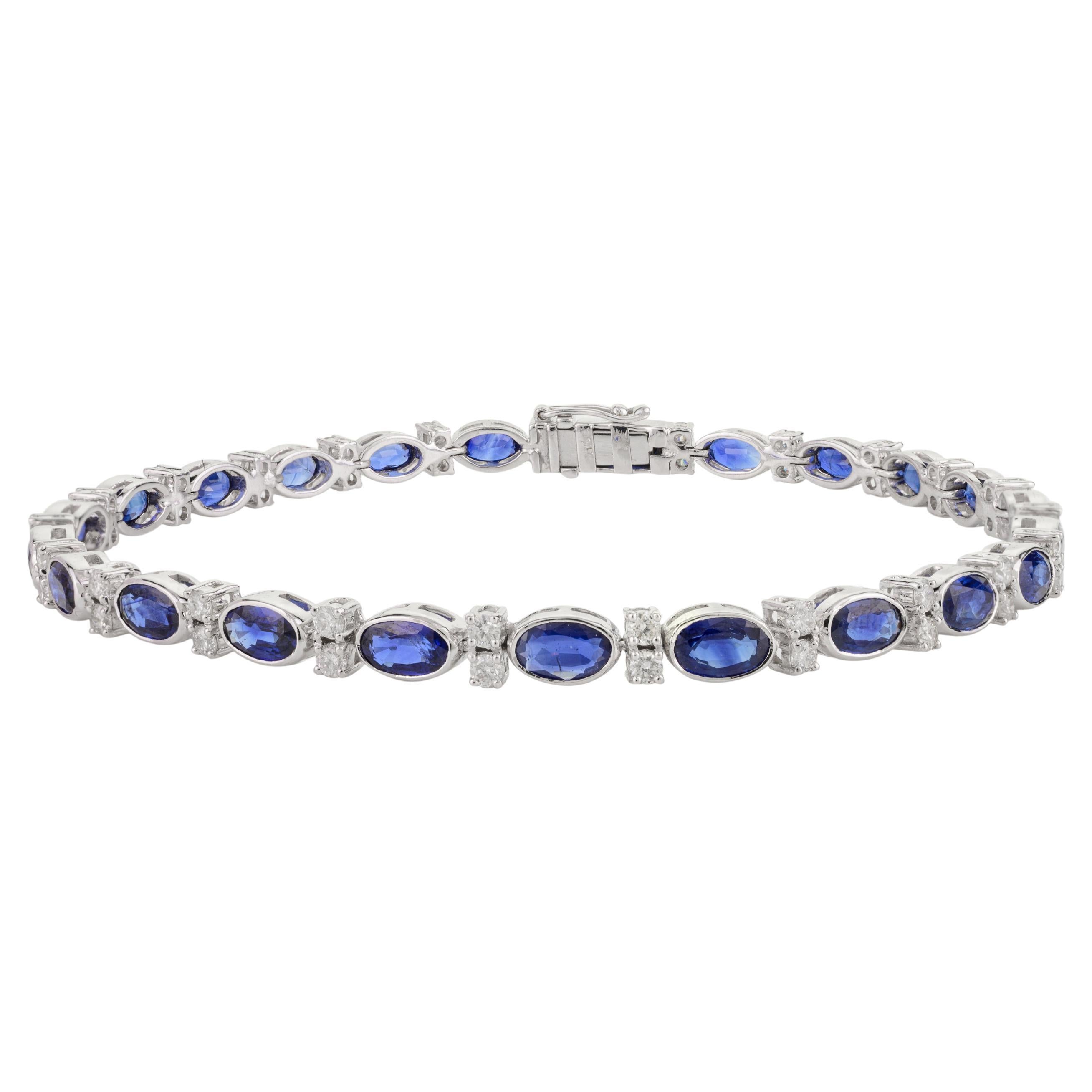 18k Solid White Gold 6.82 Carat Natural Blue Sapphire and Diamond Bracelet  For Sale