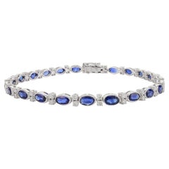 18k Solid White Gold 6.82 Carat Natural Blue Sapphire and Diamond Bracelet 