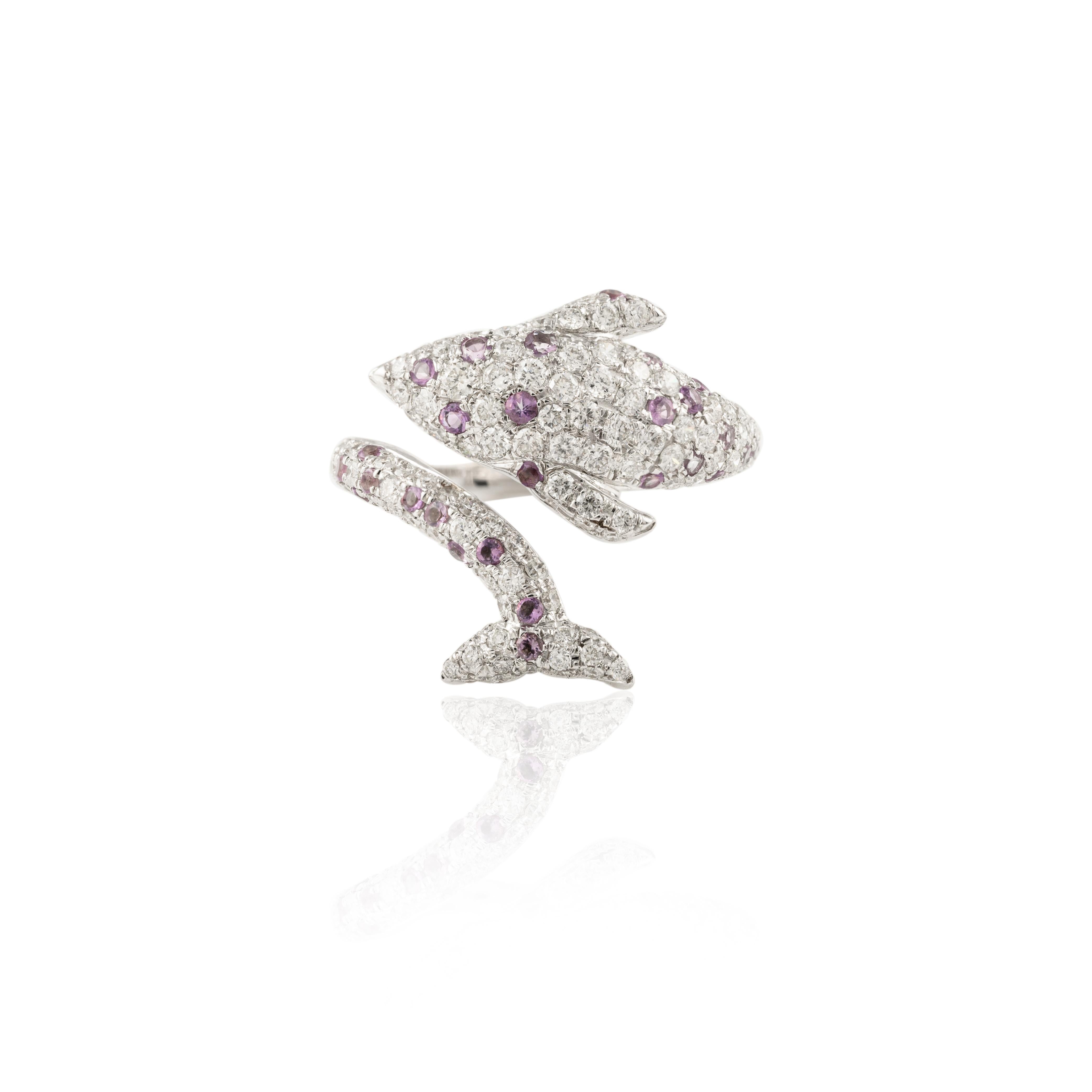 For Sale:  18k Solid White Gold Pave Set Amethyst and Diamond Dolphin Bypass Ring 4
