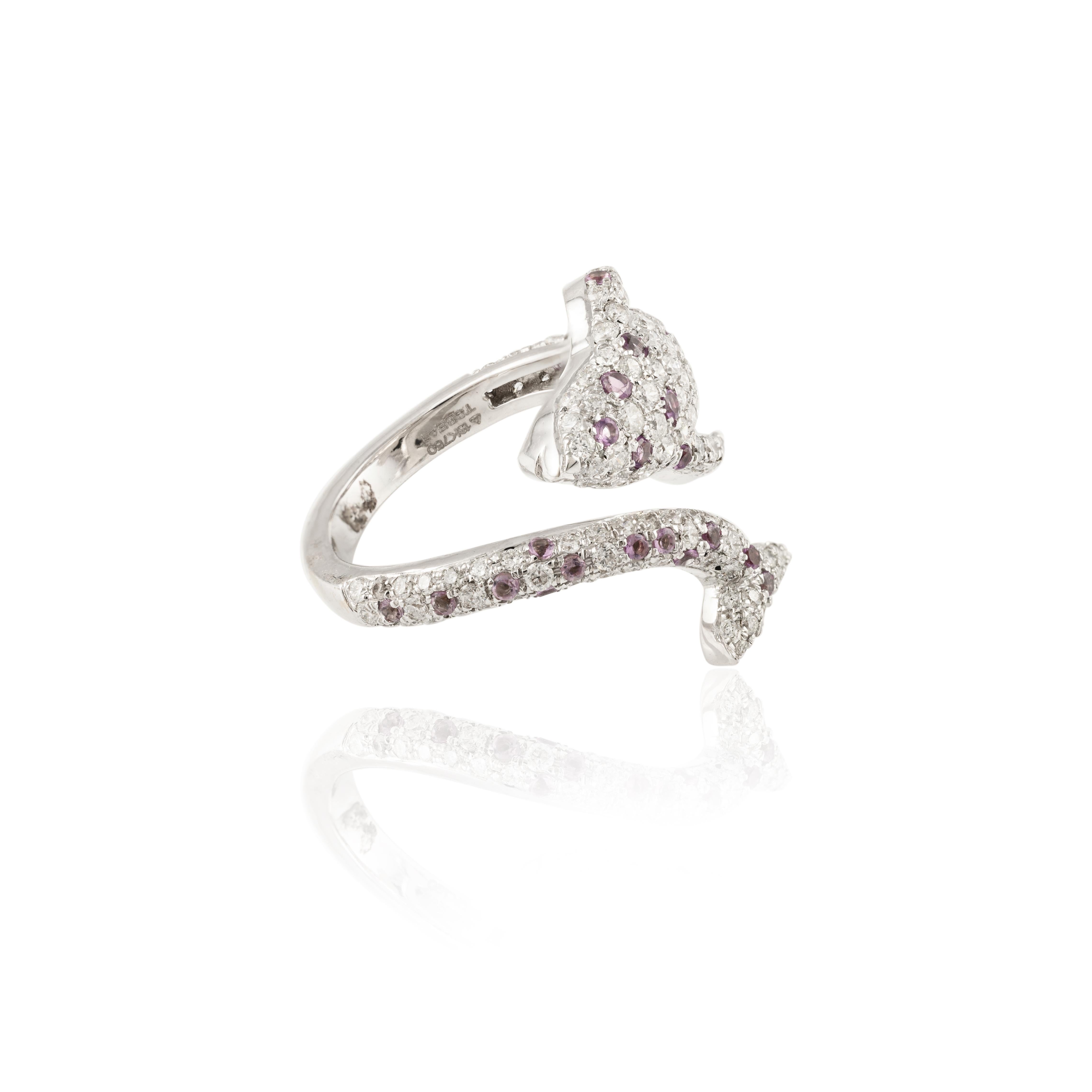 For Sale:  18k Solid White Gold Pave Set Amethyst and Diamond Dolphin Bypass Ring 7