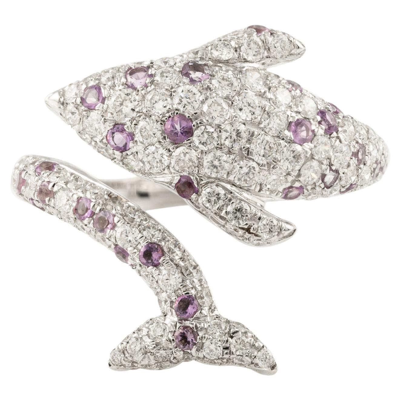 For Sale:  18k Solid White Gold Pave Set Amethyst and Diamond Dolphin Bypass Ring