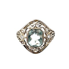 18K Solid White Gold Aquamarine & Old Mine Cut Diamond Antique Filigree Ring