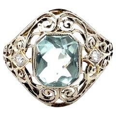 18K Solid White Gold Aquamarine & Old Mine Cut Diamond Antique Filigree Ring