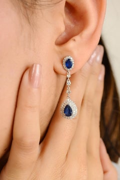 18k Solid White Gold Blue Sapphire & Diamond Drop Earrings Perfect Luxury Gift