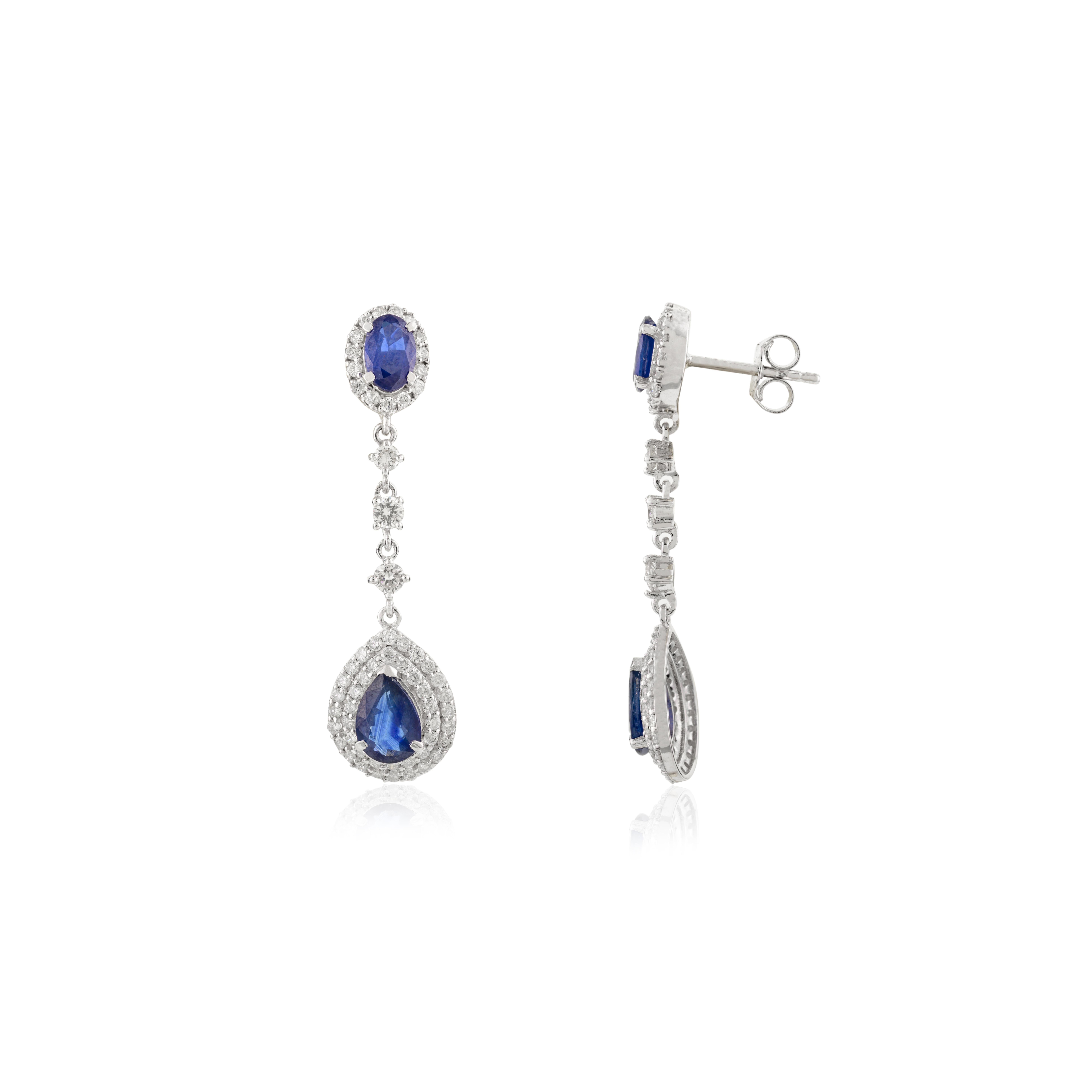 Orecchini a goccia in oro bianco massiccio 18k con zaffiro blu e diamante Regalo di lusso perfetto In condizioni Nuovo in vendita a New York, NY