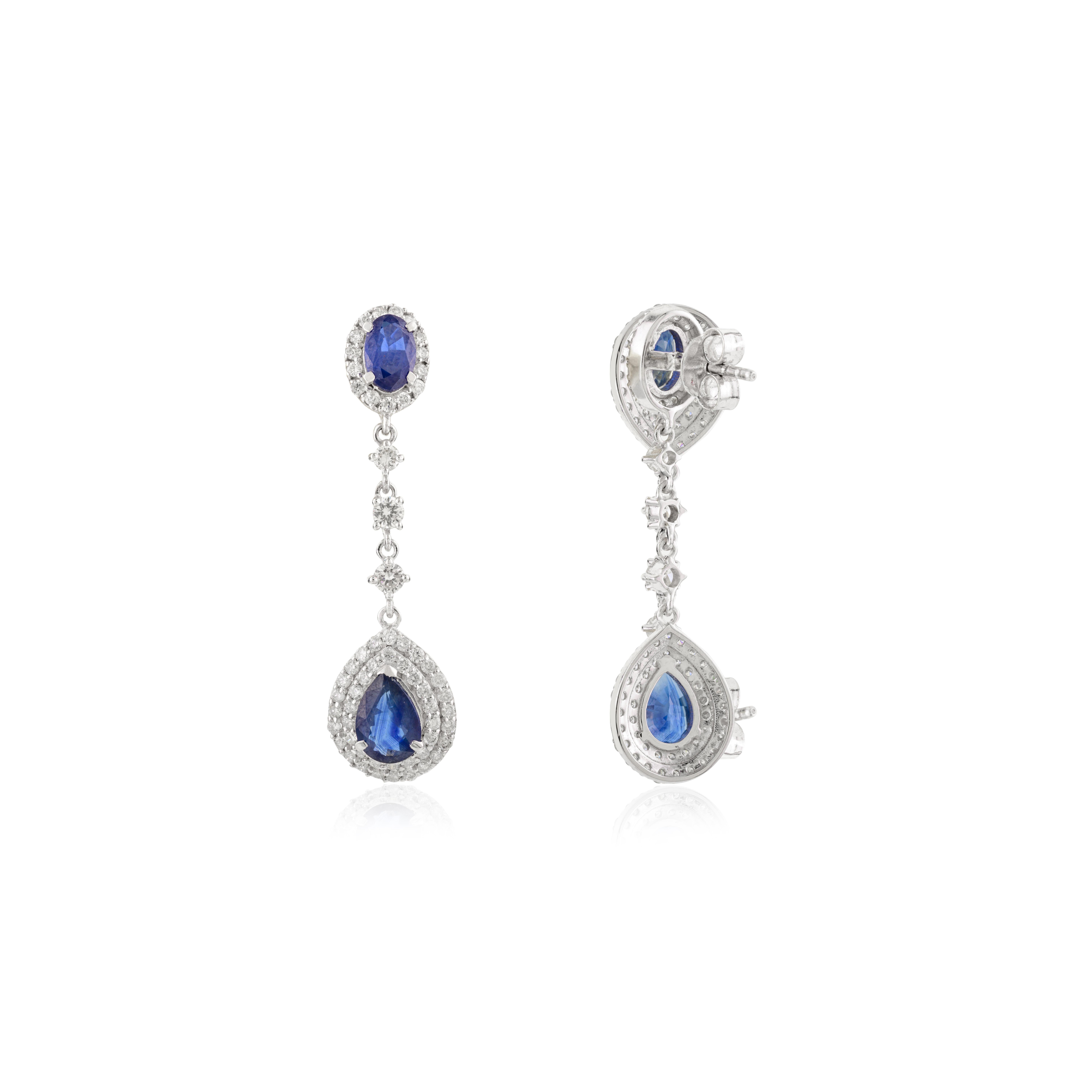 Orecchini a goccia in oro bianco massiccio 18k con zaffiro blu e diamante Regalo di lusso perfetto in vendita 1
