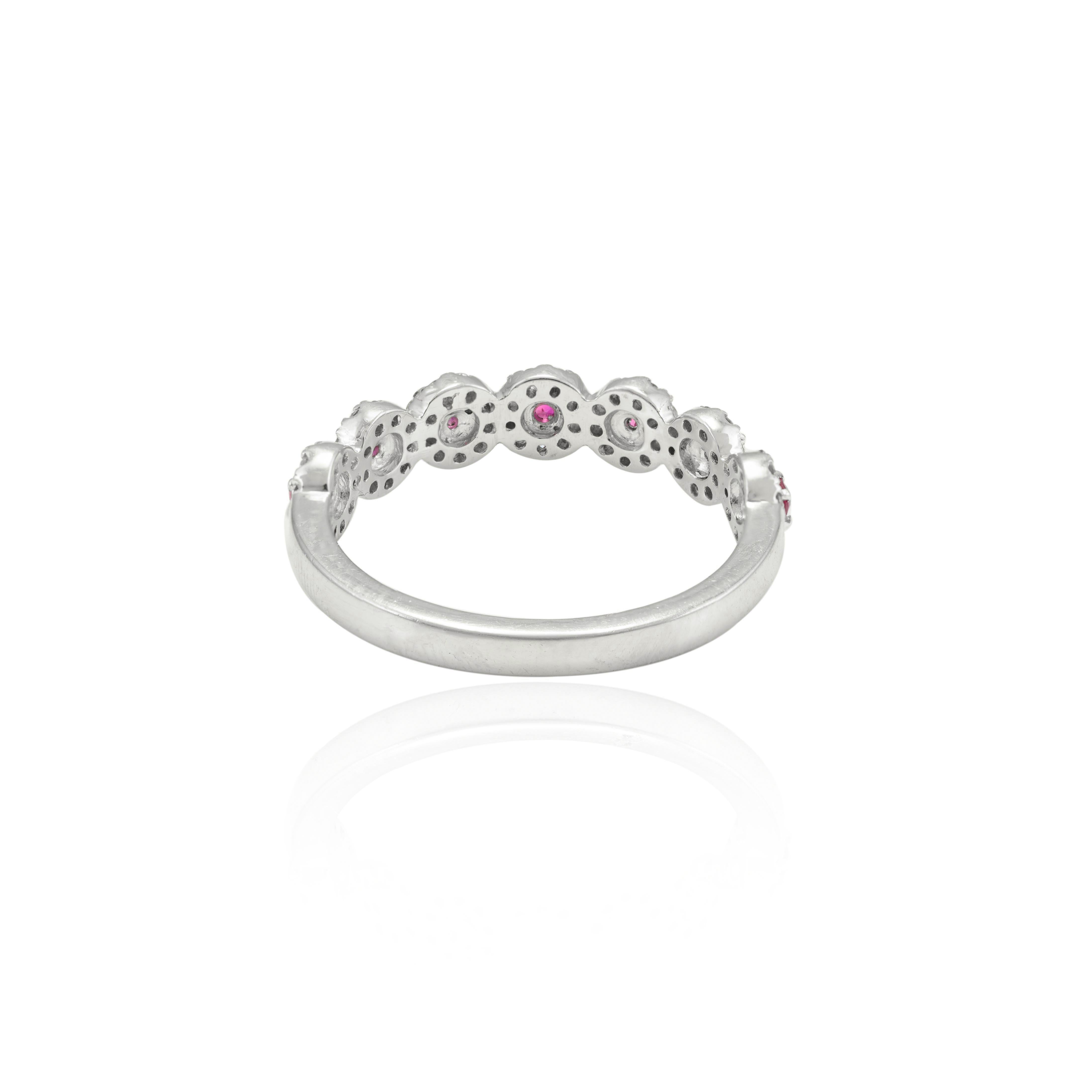 For Sale:  18k Solid White Gold Dainty Round Ruby with Halo Diamond Band Ring 4