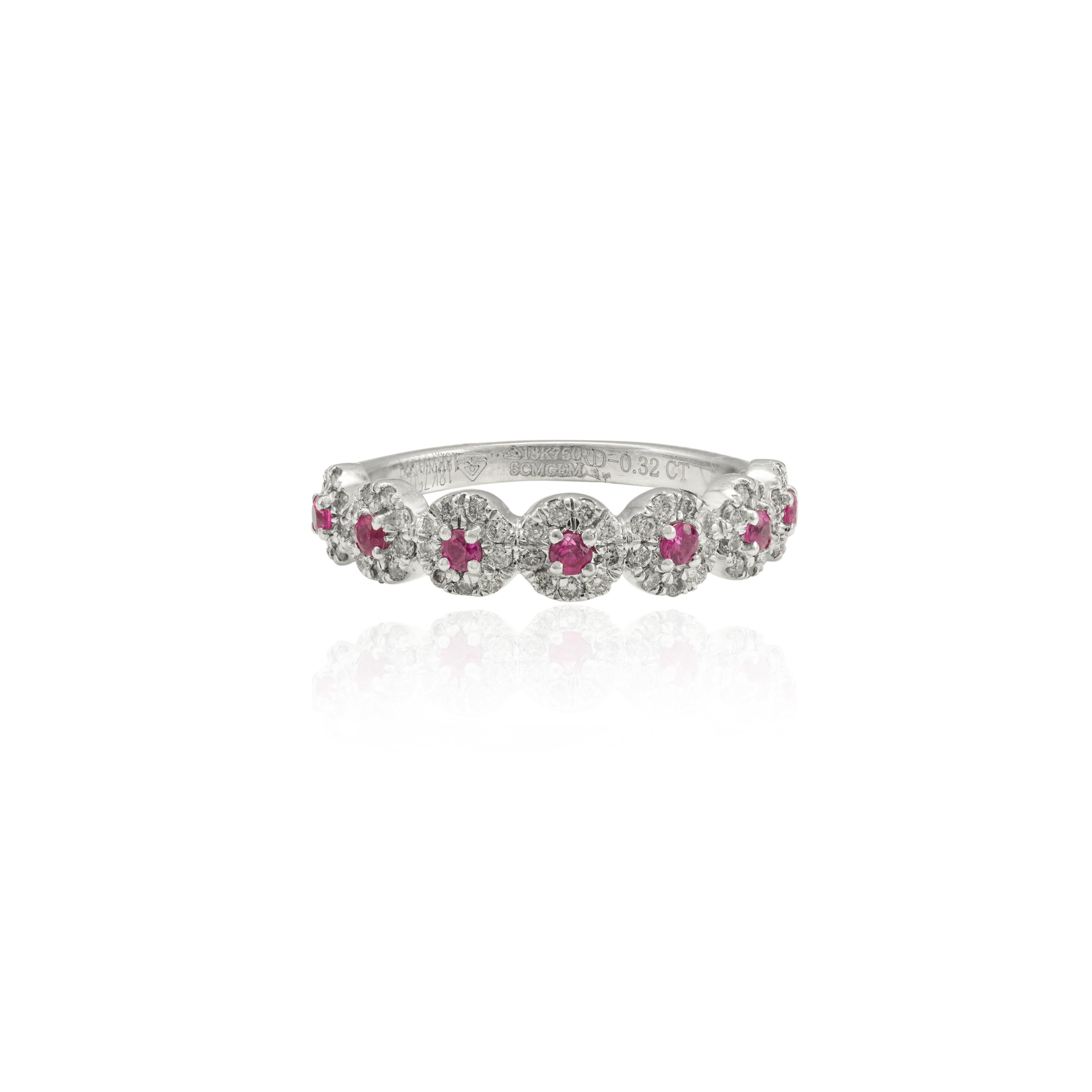 For Sale:  18k Solid White Gold Dainty Round Ruby with Halo Diamond Band Ring 7