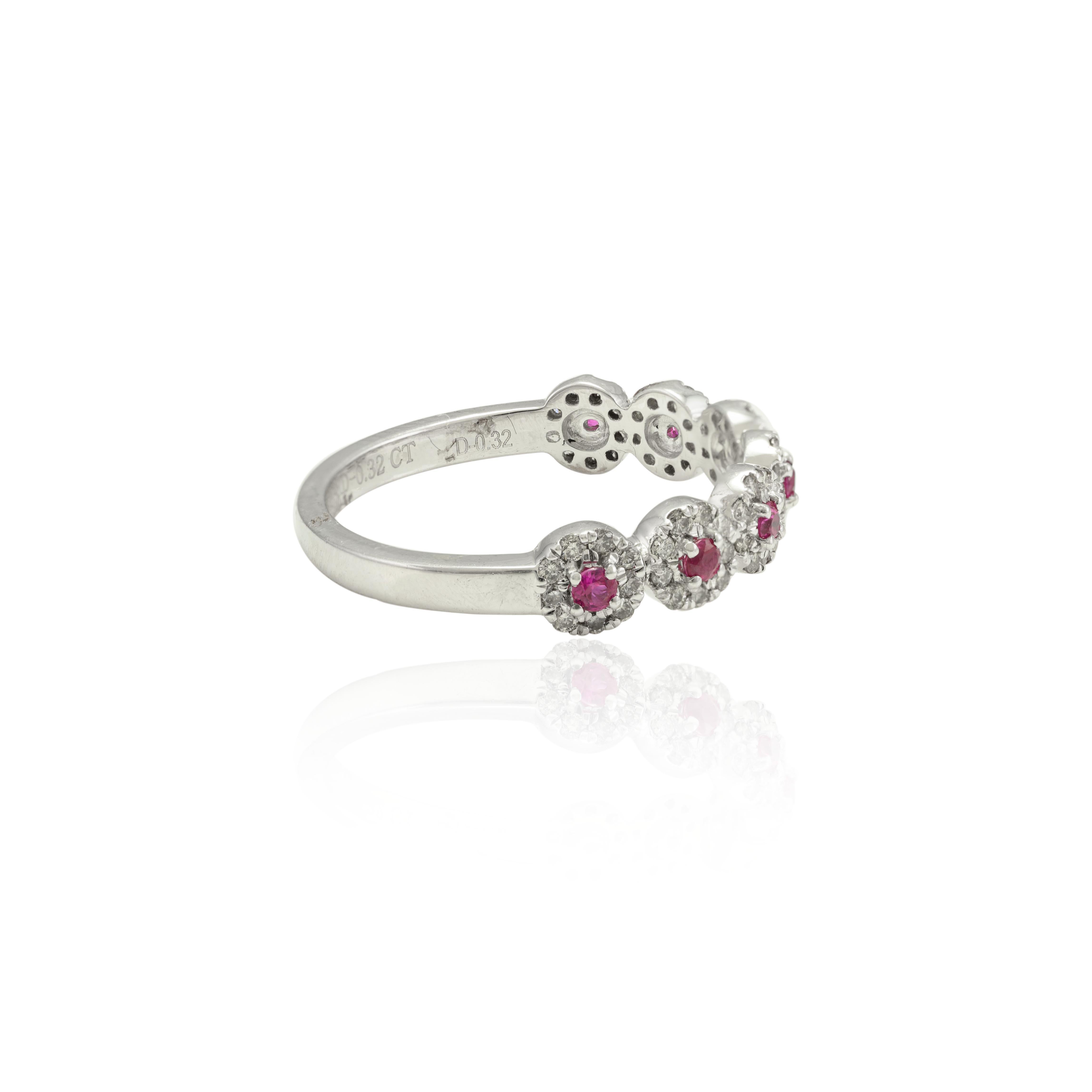 For Sale:  18k Solid White Gold Dainty Round Ruby with Halo Diamond Band Ring 9