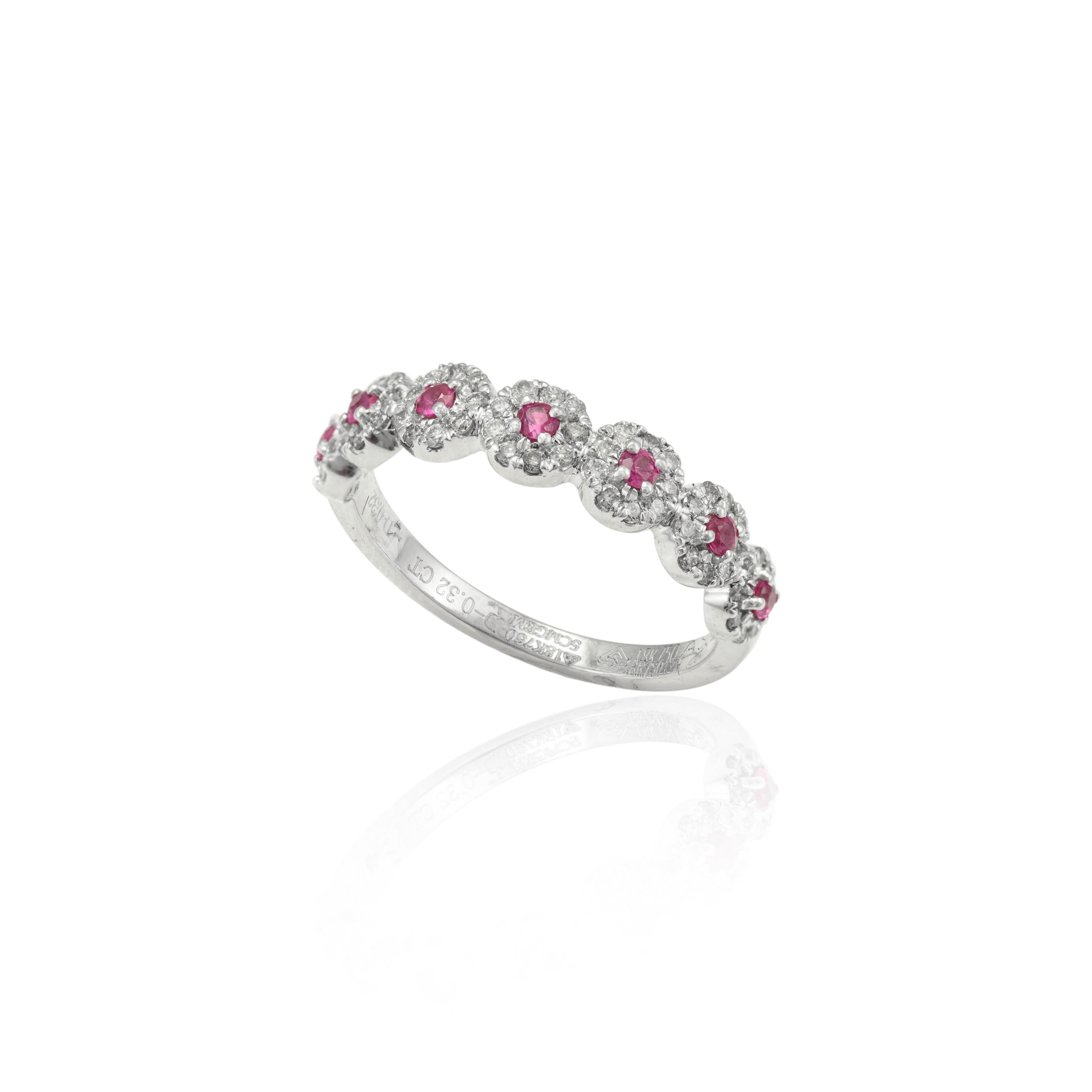 For Sale:  18k Solid White Gold Dainty Round Ruby with Halo Diamond Band Ring 11