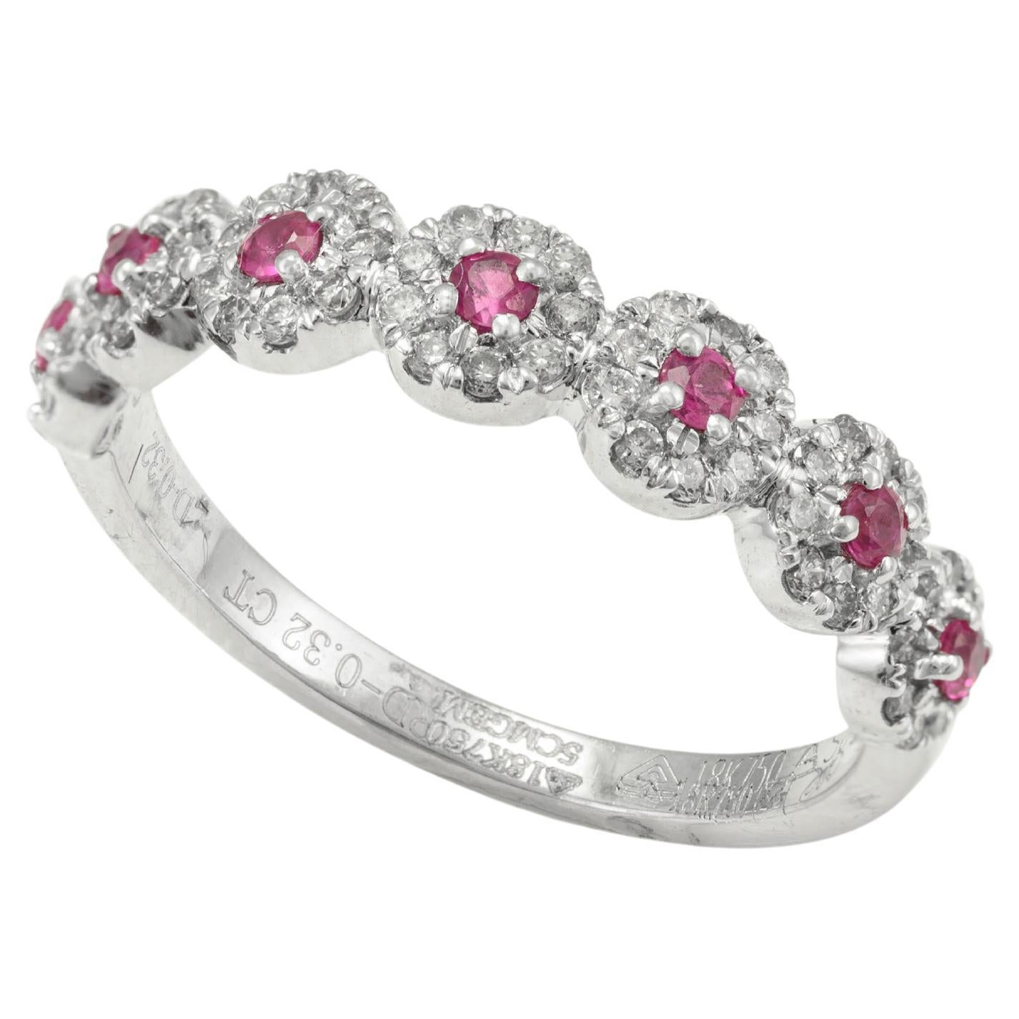 For Sale:  18k Solid White Gold Dainty Round Ruby with Halo Diamond Band Ring