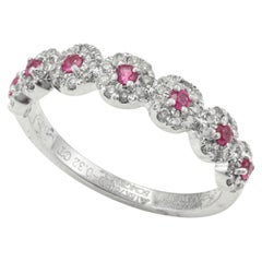 18k Solid White Gold Dainty Round Ruby with Halo Diamond Band Ring