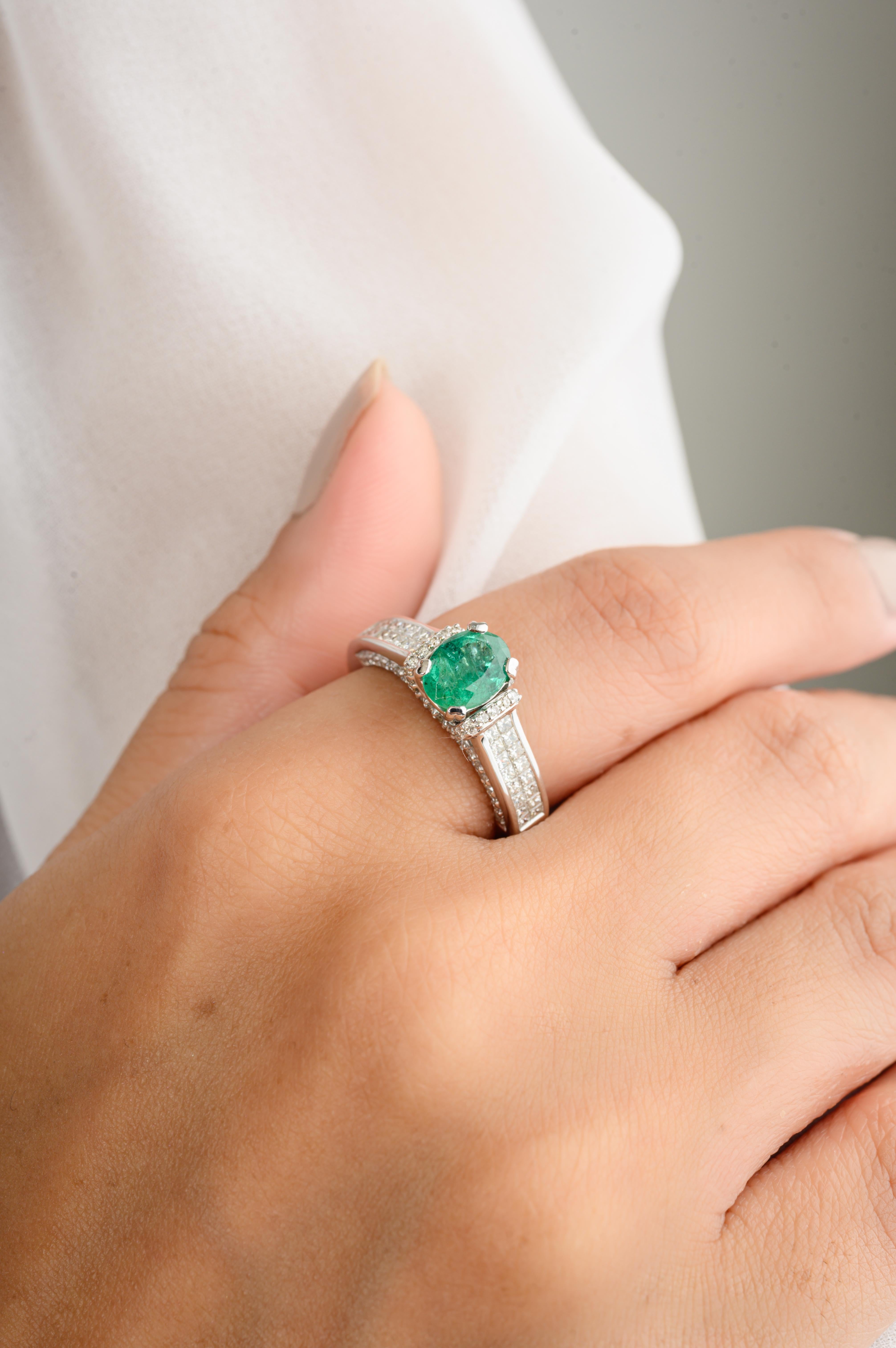 Im Angebot: Brillant AAA Oval Smaragd Diamant Verlobungsring in 18k massivem Weißgold () 6