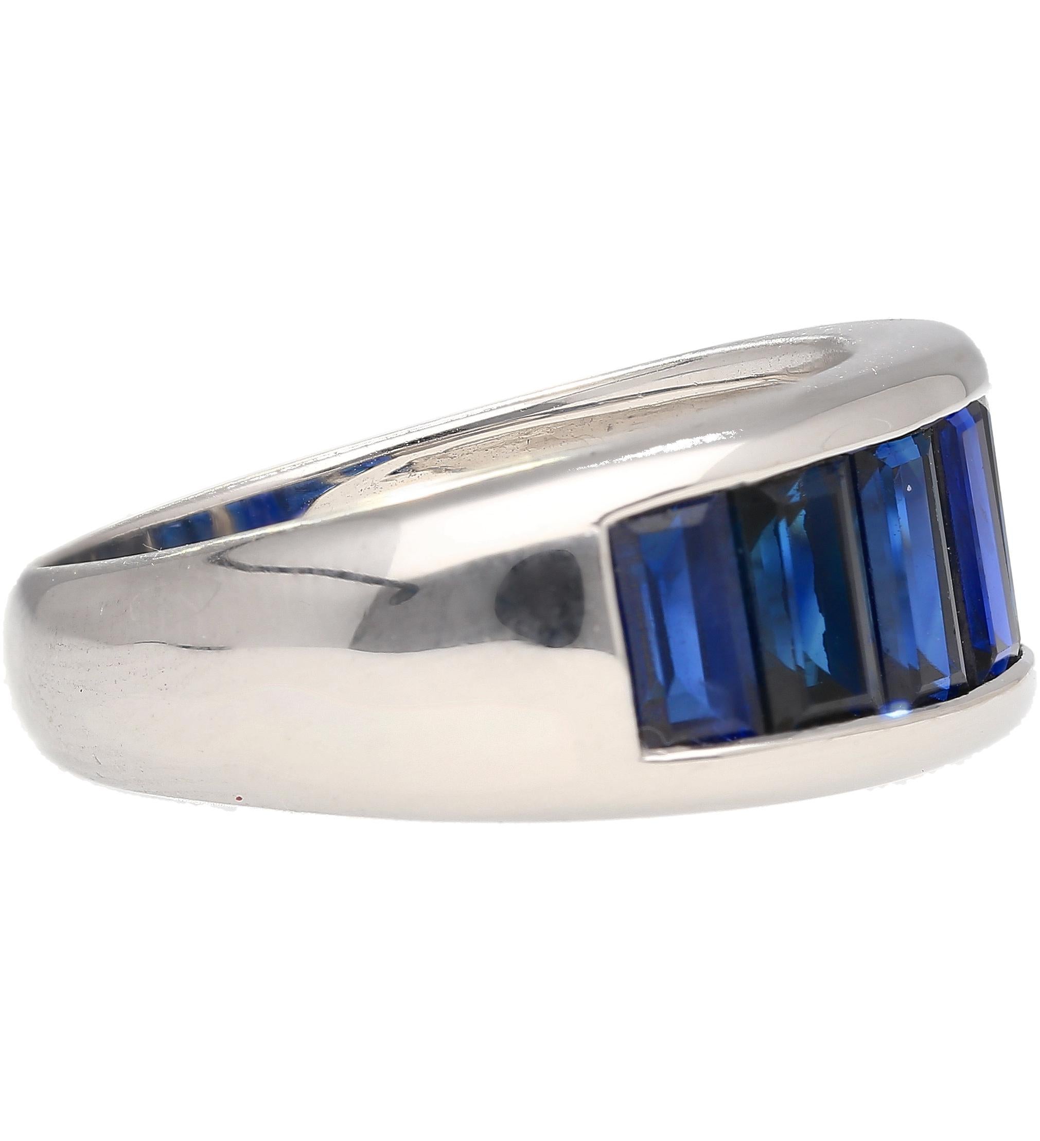 Modern 18K Solid White Gold Channel Set Baguette Cut Blue Sapphire Band Ring For Sale