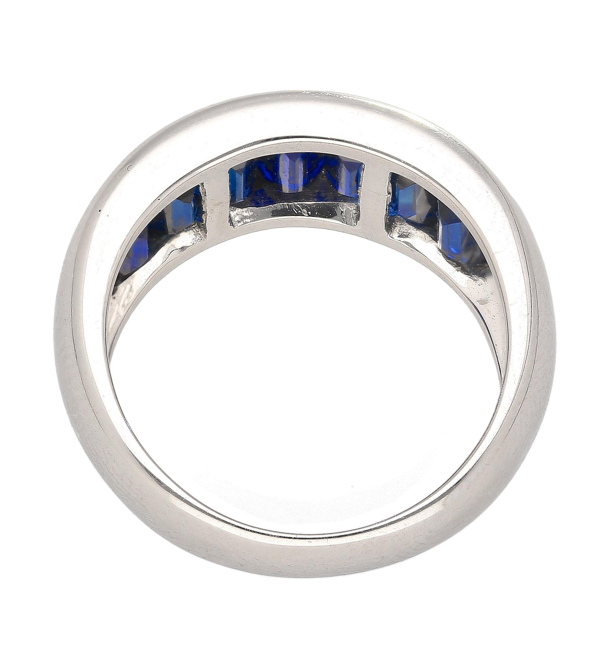 Women's or Men's 18K Solid White Gold Channel Set Baguette Cut Blue Sapphire Band Ring For Sale