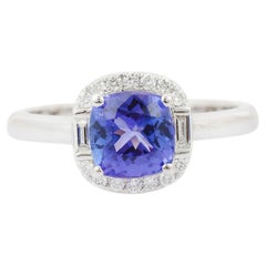 18k Solid White Gold Cushion Cut Tanzanite and Diamond Ring