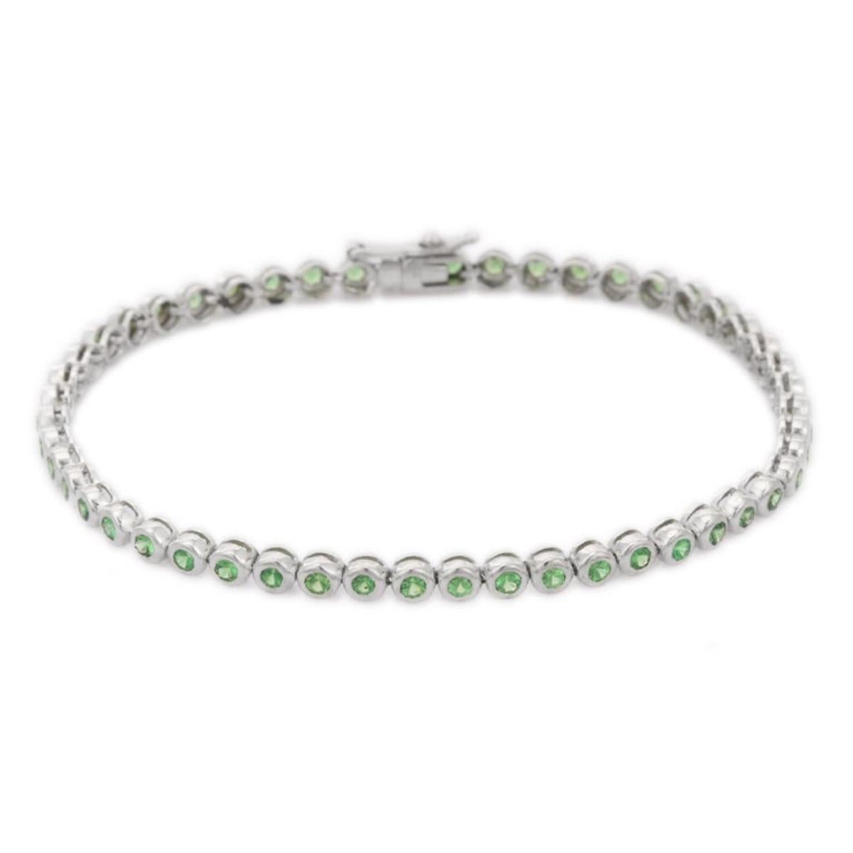 Art déco Or blanc massif 18 carats Dainty Round Cut  Bracelet de tennis en tsavorite naturelle pour elle en vente