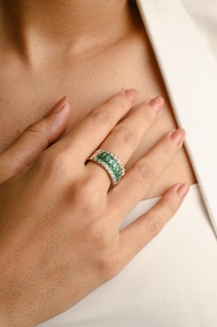 18k Solid White Gold 1 Carat Emerald and Diamond Wide Band Ring, Mens Jewelry