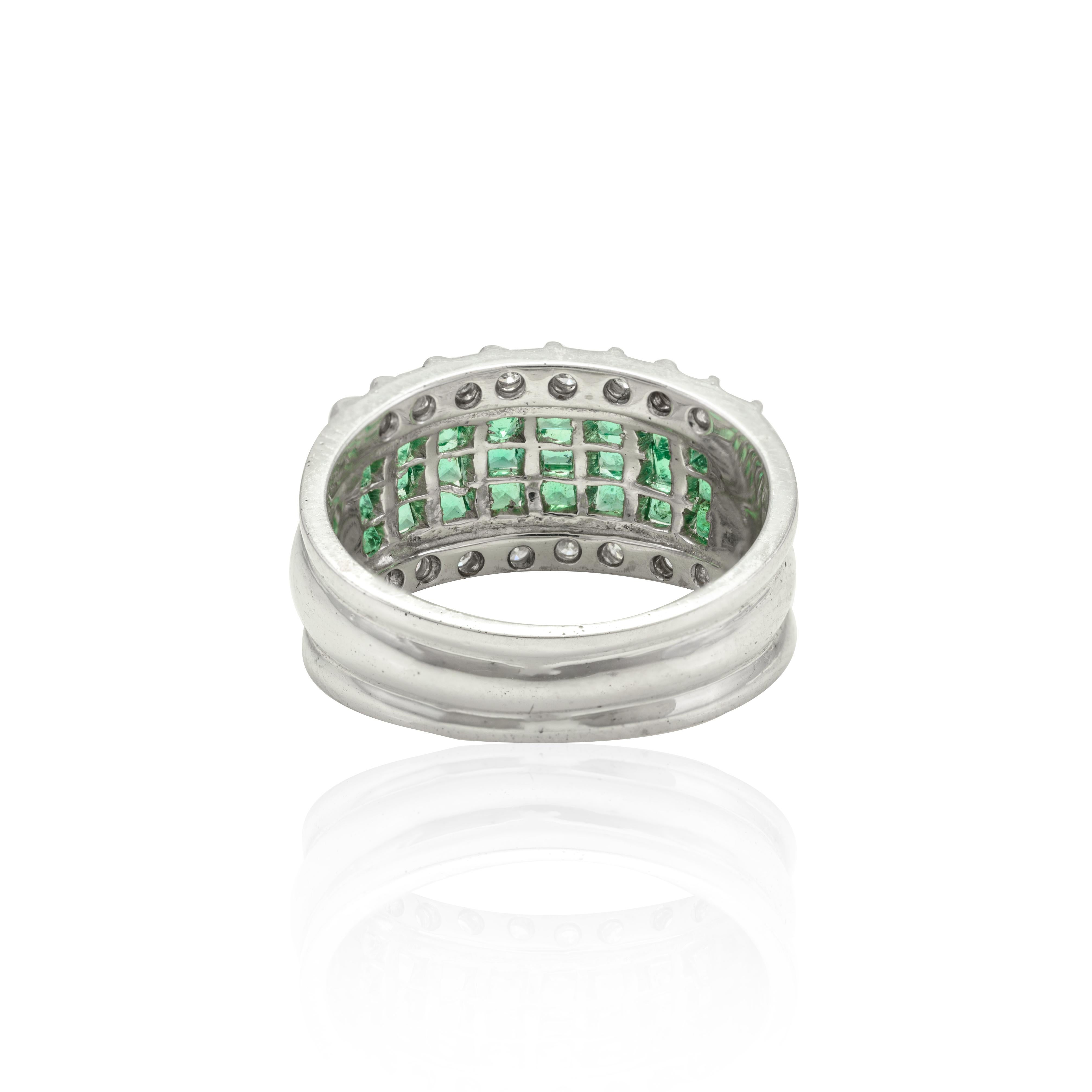 For Sale:  18k Solid White Gold 1 Carat Natural Emerald and Diamond Bombe Ring 5