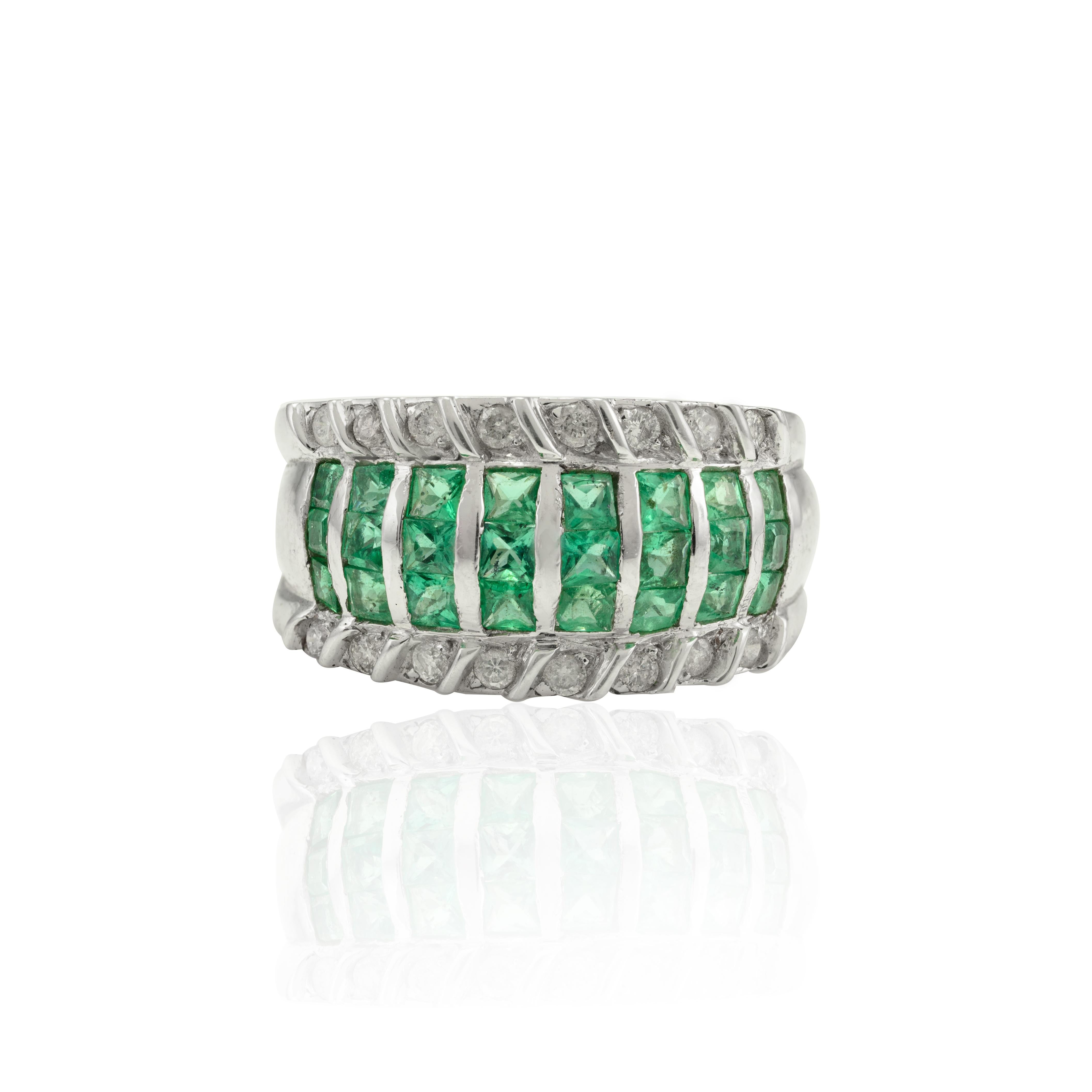 For Sale:  18k Solid White Gold 1 Carat Emerald and Diamond Wide Band Ring, Mens Jewelry 6