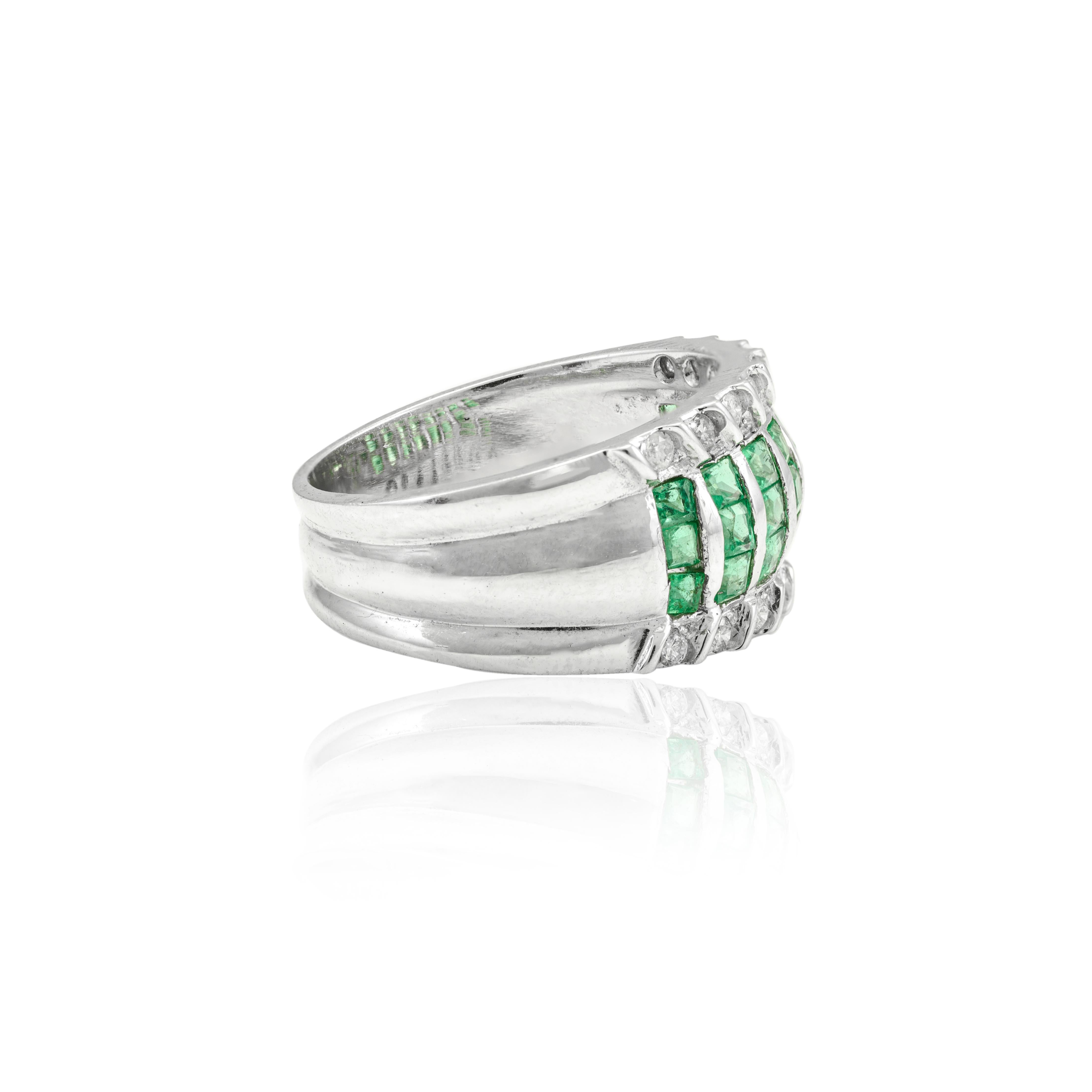 For Sale:  18k Solid White Gold 1 Carat Natural Emerald and Diamond Bombe Ring 7