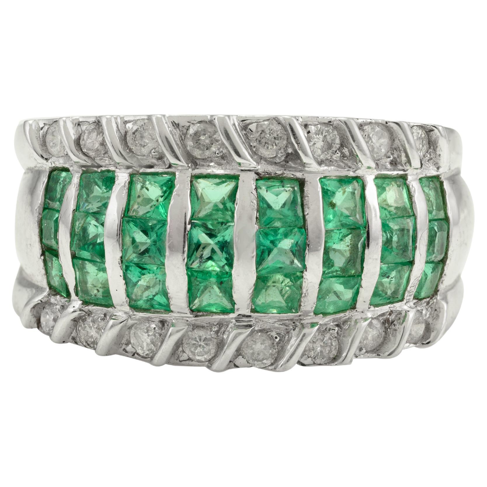 18k Solid White Gold 1 Carat Emerald and Diamond Wide Band Ring, Mens Jewelry